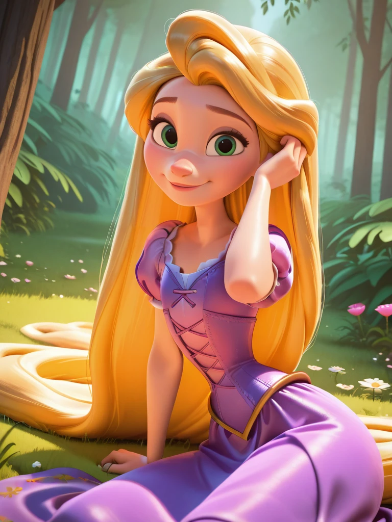DisneyStudioXL, cinematic,
1girl, (rapunzel \(disney\):1.1), purple dress, very long hair, green eyes, blonde hair, puffy sleeves, short sleeves, corset, flat chest, narrow waist, wide hips,
smile, happy, dutch angle, cute pose, looking at viewer, nature, grass, flowers around, dynamic pose, cowboy shot, sitting on floor, one hand on hair,, from side,
<lora:DisneyStudios_style-12IL:1>