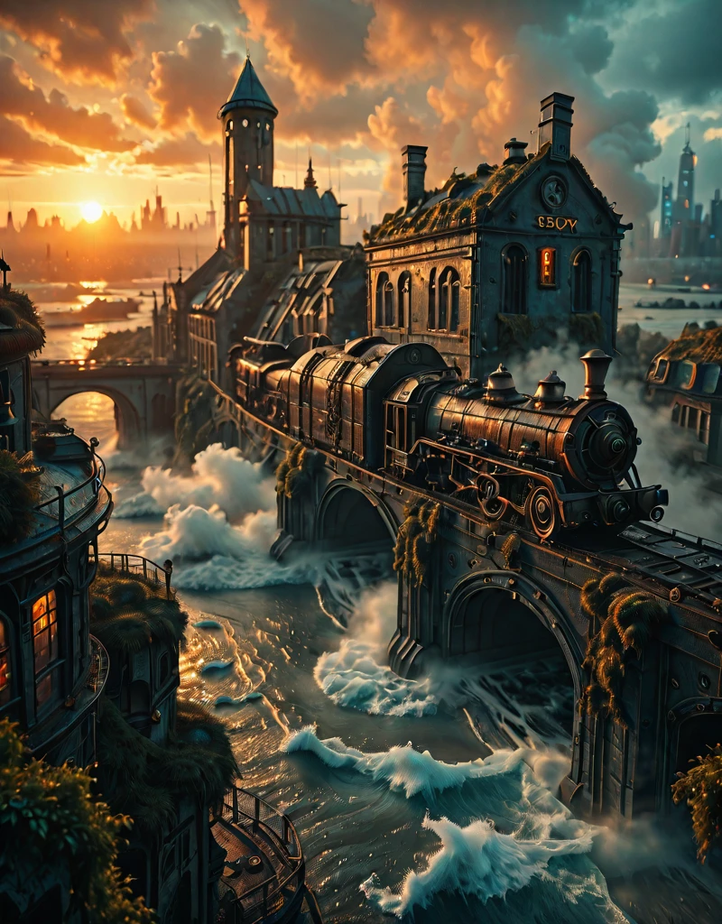 <lora:Space_Worlds_02__Dark:1.0> sw02d_illus, medieval wet city, day, vegetation, moss, rocks, castle, cyberpunk city, steampunk, waves, kanji, steam train, sunset, very wet, from side, smoke,