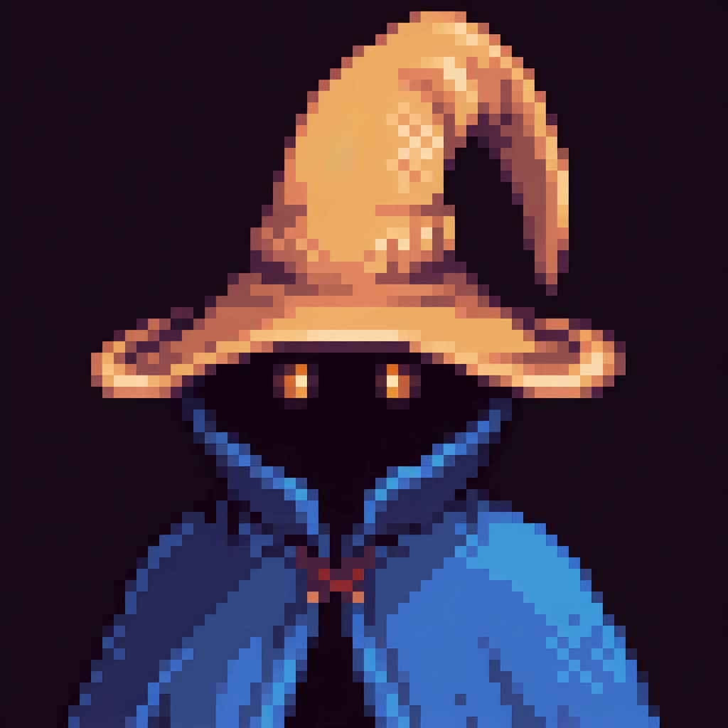 masterpiece, best quality, solo, 1boy, looking at viewer, <lora:Stardew-Valley-Portraits-illus_Fp:1>, pixel art, portrait, simple background, <lora:Ziggy-illus_Fp:1>, ziggy, yellow eyes, shaded face, faceless, no mouth, wizard hat, blue cloak, robe,