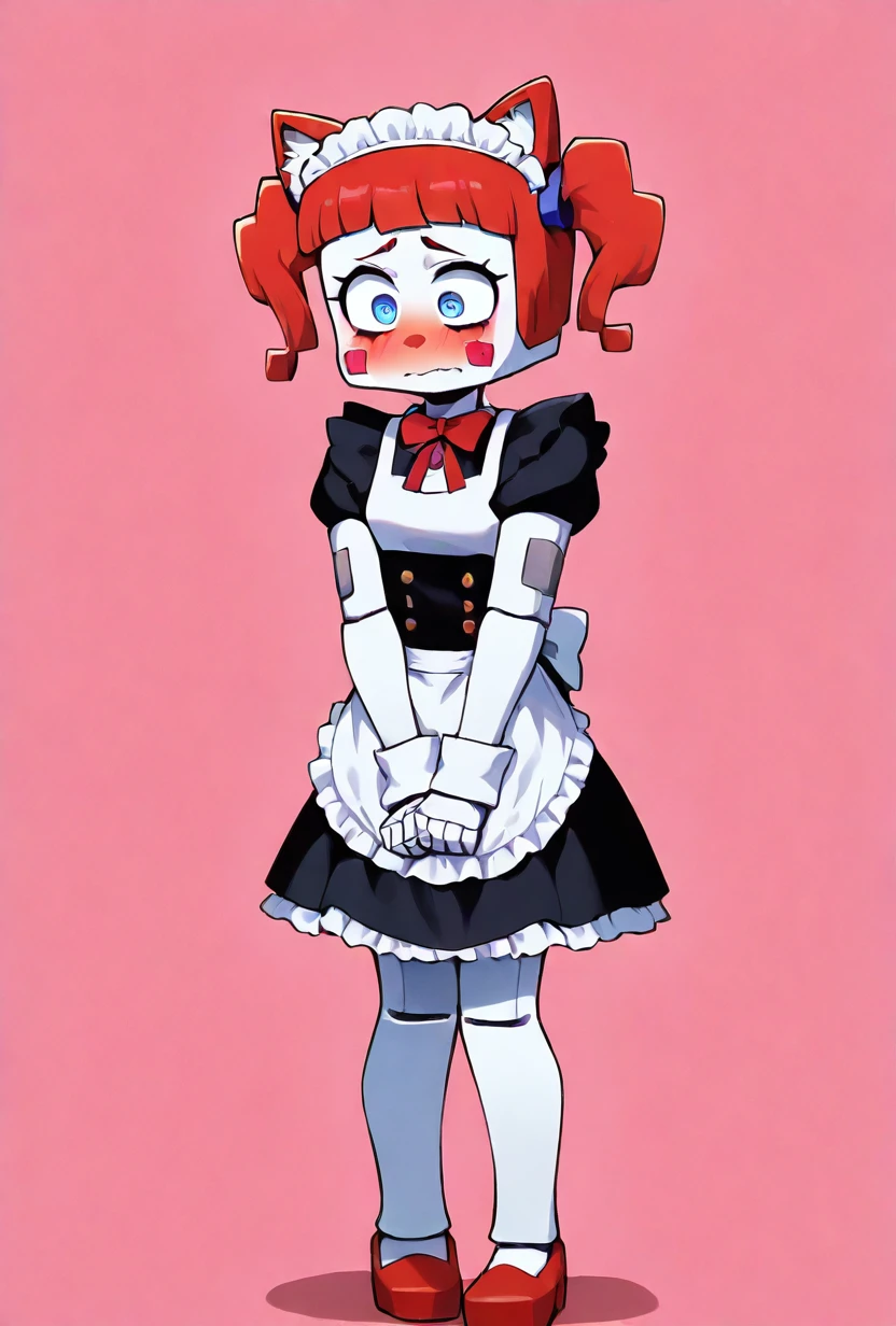 <lora:circbab-07:1> circbab, robot, red hair, twintails, 1girl, amazing details, detailed background, <lora:incase_new_style_red_ill:1>, maid outfit, cat ears, pink background, arms together, embarrassed, masterpiece, best quality, amazing quality, very aesthetic, absurdres, newest,