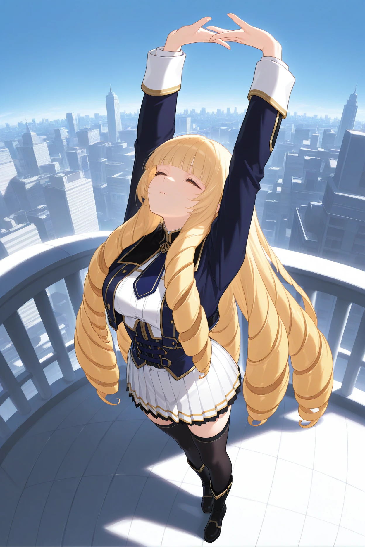 masterpiece, best quality, 1girl, solo, <lora:roseoriana-illu-nvwls-v1-000006:1> sdoriana, blonde hair, very long hair, drill hair, blunt bangs, brown eyes, dark blue jacket, cropped jacket, long sleeves, dark blue necktie, white shirt, corset, white skirt, pleated skirt, black thighhighs, black boots, full body, arms up, stretching, looking up, closed eyes, blue sky, bridge, cityscape