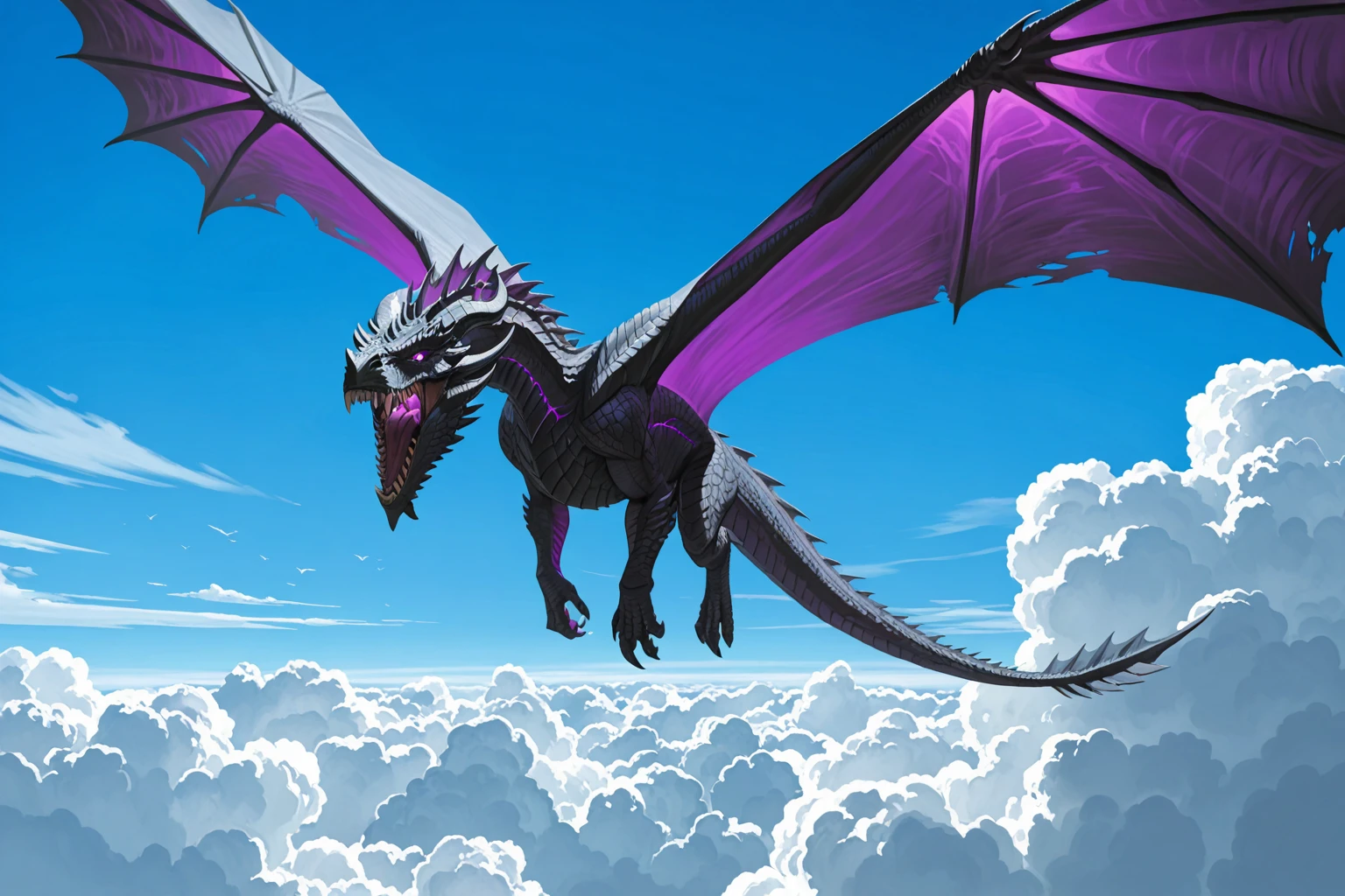 masterpiece, good quality, best quality, very awa, very as2, absurdres, highres
<lora:DragonsilluLoRA.json:1>dragon, teeth, sharp teeth, wings, monster, scales, horns, claws, tail, spikes, glowing purple skin, flying, blue sky, white clouds