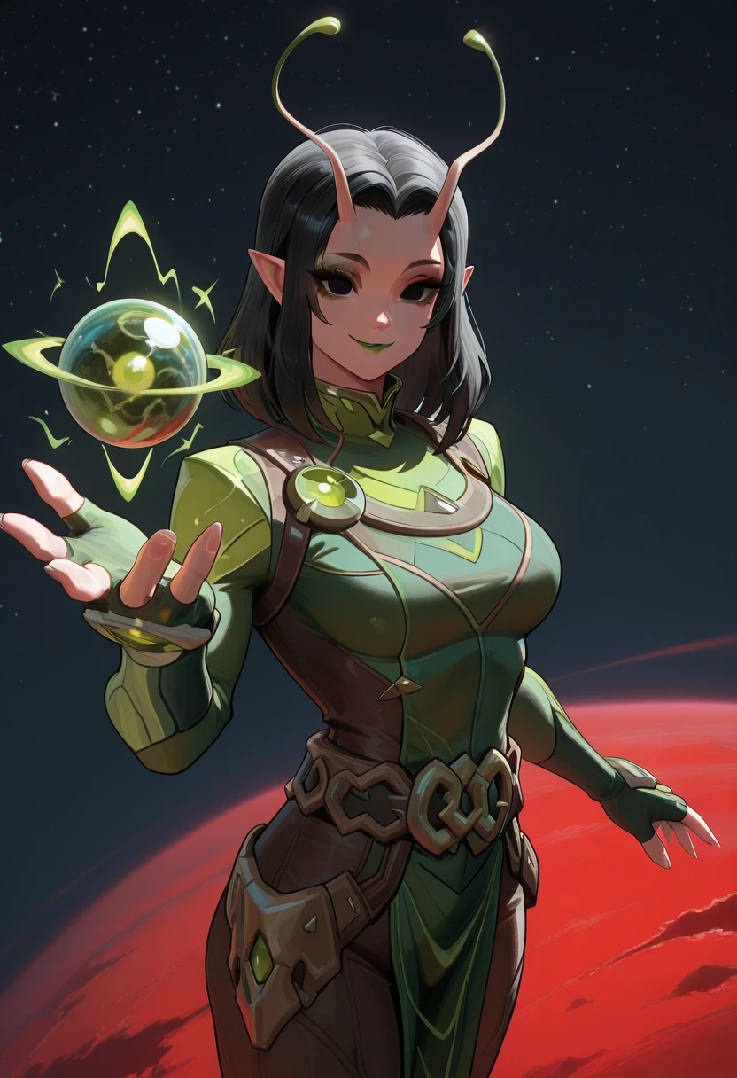 masterpiece, best quality, newest, absurdres, highres, <lora:RivalsMantisIllustrious:0.9>, RVLSMNT, antennae, black hair, medium hair, makeup, pointy ears, empty eyes, green robe, long sleeves, fingerless gloves, brown pants, smile, planet, space, red sand, looking at viewer, open hand, green energy, breasts, stars, green orb, green energy, looking at viewer,