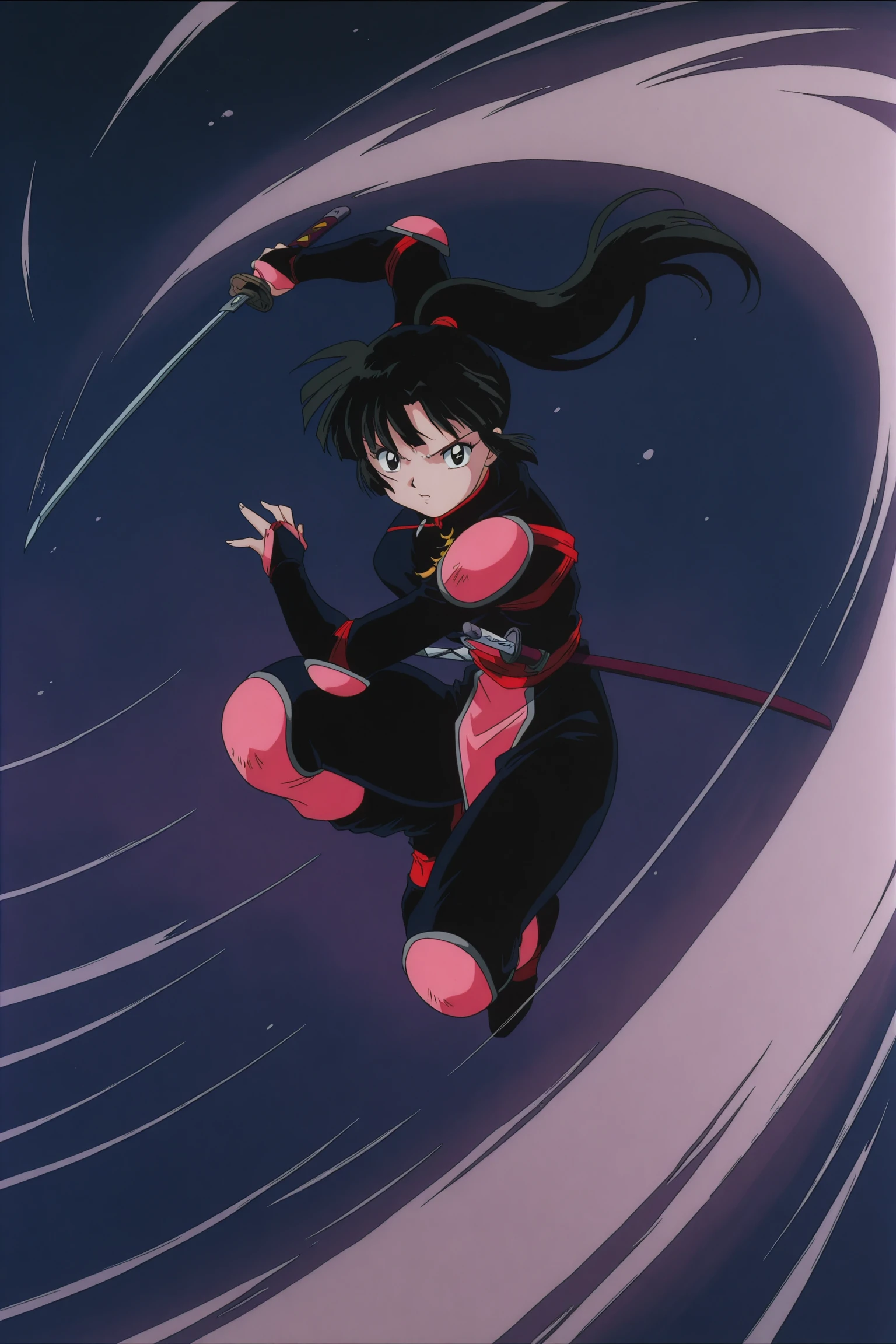 retro anime, 2000s (style), retro artstyle, anime coloring, anime screencap,
<lora:Sango_Inuyasha_2000s_art_style_-_Illustrious_V3:.9>
Sango's demon slayer outfit, 1girl, solo, sword, weapon, black hair, katana, ponytail, ninja, black eyes, long hair, fighting stance, intense motion lines, slashing toward the viewer, in the air, girl jumping toward the viewer