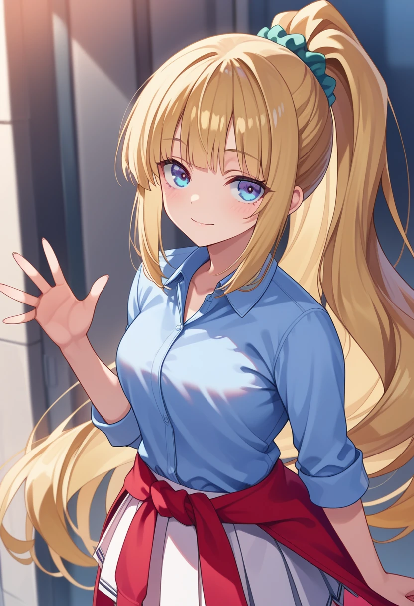 masterpiece, best quality, absurdres, safe
1girl kei karuizawa hair scrunchie blonde hair ponytail blue eyes
light blue shirt, collared shirt, clothes around waist, red jacket, waving, white skirt, pleated skirt
looking at viewer, light smile
<lora:cote_aio_il_6_v1_d32:1>