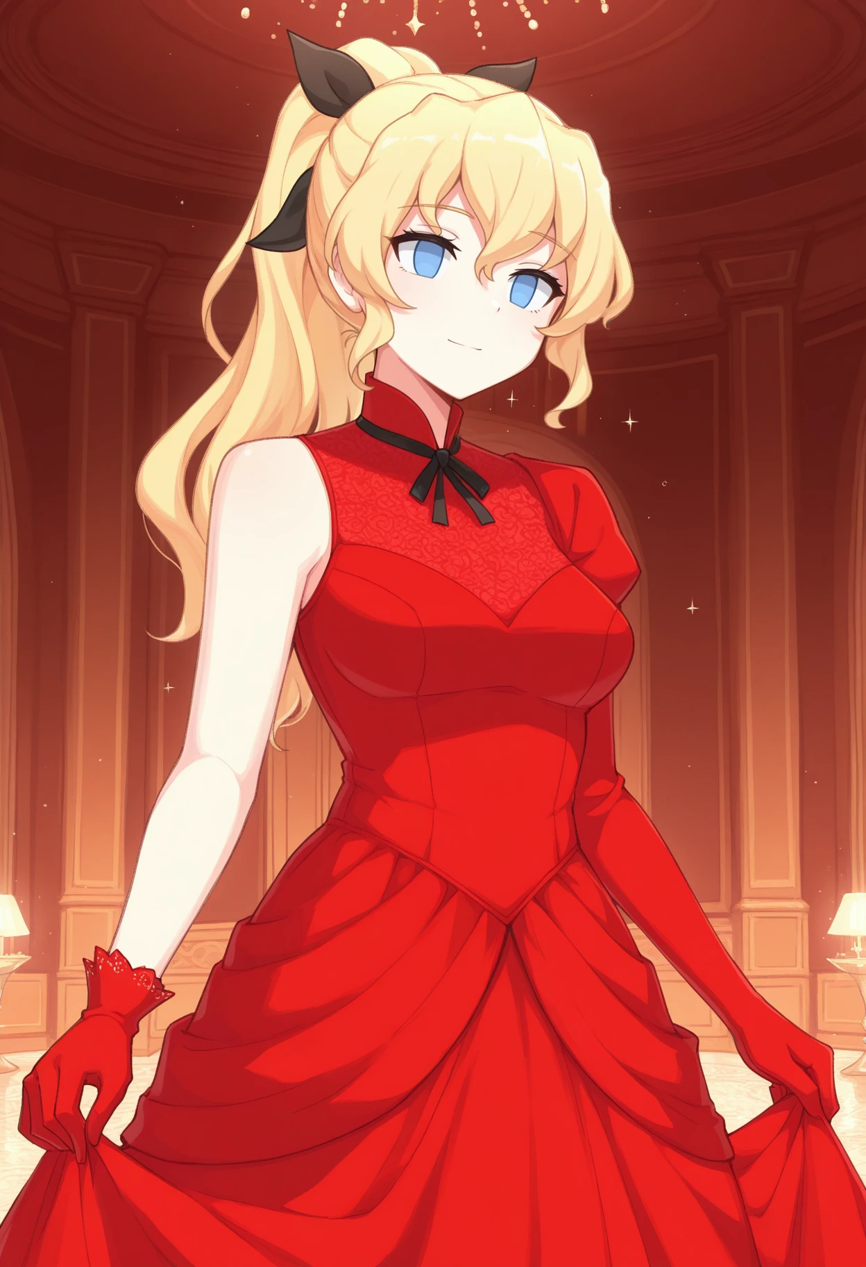 masterpiece, best quality, 1girl, solo, <lora:NSLillyKatawa:1> NSLillyMisc, blue eyes, blind, no pupils, blonde hair, long hair, ponytail, black ribbon, hair ribbon, red dress, single sleeve, high collar, neck ribbon, light smile, sparkles, single elbow glove, red glove, ballroom, indoors, cowboy shot, curtsey