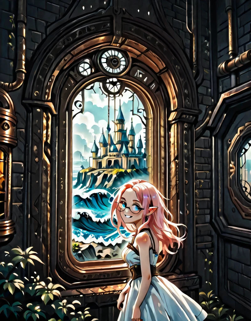 inside an old steampunk luxury train, a beautiful 25yo woman siting, pink long hair, blue eyes, glasses, white dress, smiling, from side, by the window, <lora:Space_Worlds_02__Dark:1.0> sw02d_illus, medieval wet city, day, vegetation, moss, rocks, castle, cyberpunk, steampunk, neons, waves, watercolor,