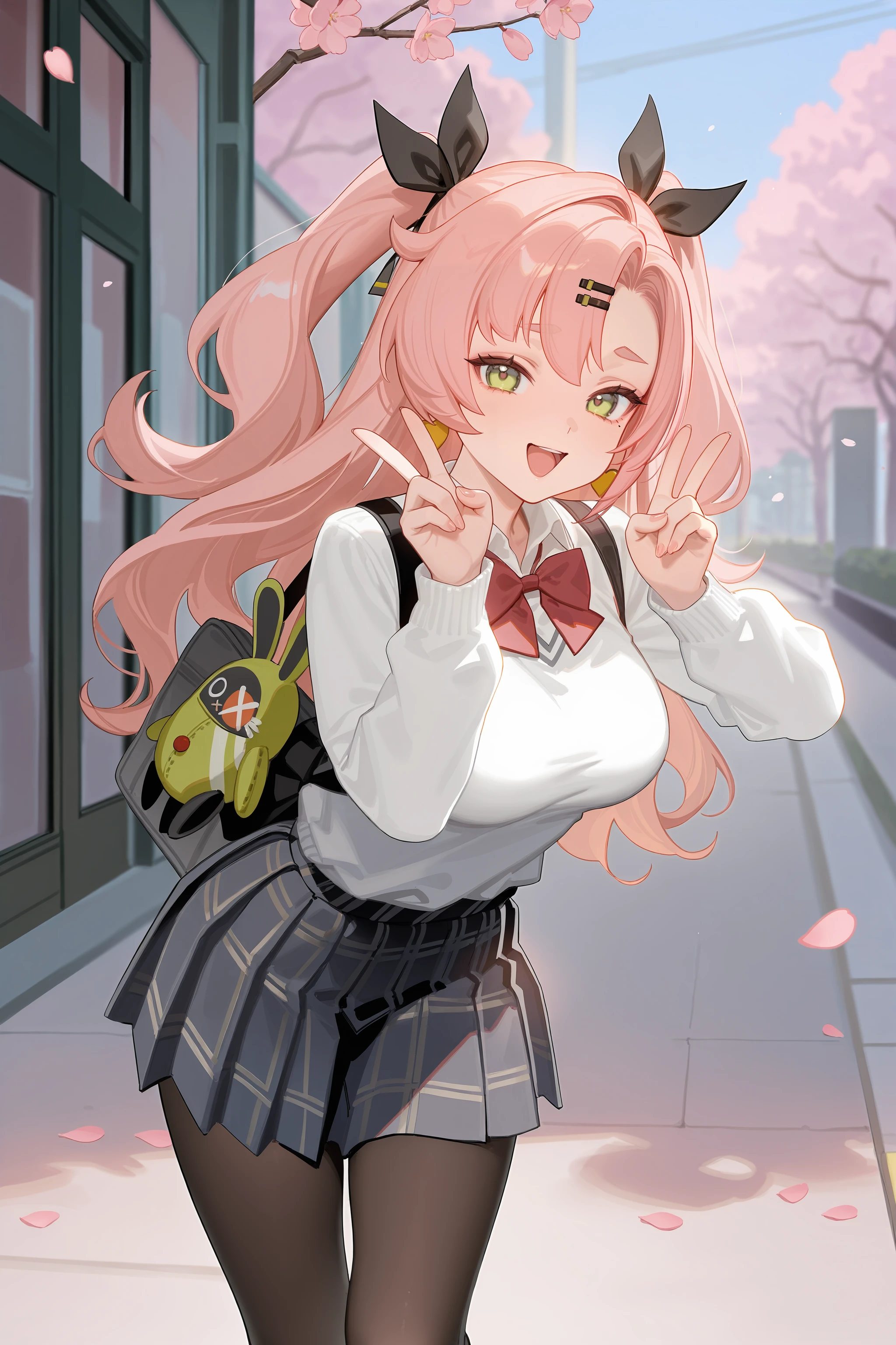 1girl, nicole demara, two side up, hair ribbon, hairclip, solo, school uniform, white shirt, sweater, pleated skirt, pantyhose, smile, open mouth, double v, looking at viewer, smile, open mouth, outdoors, street, cherry blossoms, petals, depth of field <lora:Char-ZZZ-Nicole-IL-V2:0.9:hr=0.6>, ciloranko, alphonse \(white datura\), ask \(askzy\), gomzi, you shimizu
masterpiece, best quality, amazing quality, very aesthetic, absurdres, newest, (scenery, volumetric lighting)