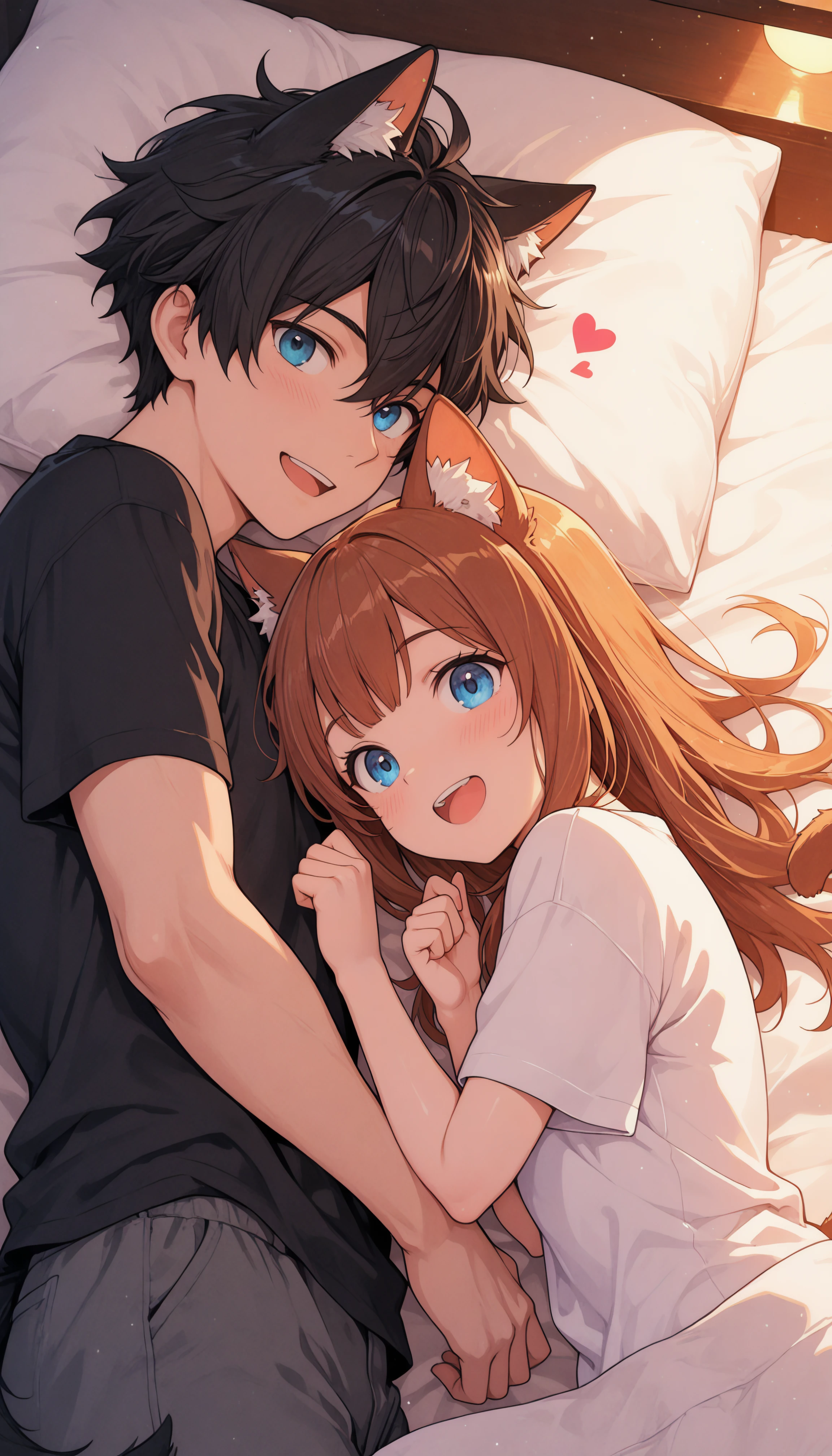 aniwall, anime, aesthetic, 8k wallpaper, detailed, 1girl, long_hair, looking_at_viewer, blush, smile, short_hair, open_mouth, bangs, blue_eyes, brown_hair, shirt, black_hair, 1boy, animal_ears, tail, white_shirt, short_sleeves, :d, hetero, heart, lying, teeth, cat_ears, on_back, cat_tail, animal_ear_fluff, pillow, black_shirt, bed, on_bed, upper_teeth_only, on_side, cat_girl, kemonomimi_mode, hdr, low contrast,
masterpiece, best quality, absurdres, highres, perfect anatomy, perfect lighting, (sharp image), dynamic angle