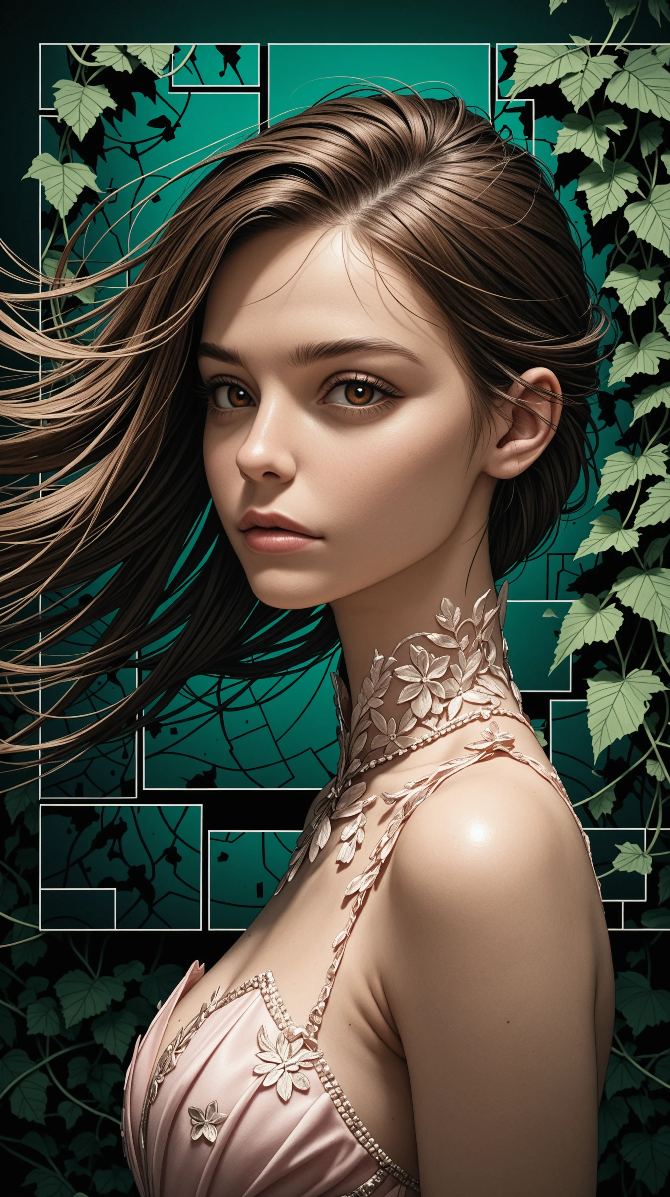 1girl, face, portrait, looking at viewer,
Glitch Art,, masterpiece,best quality,amazing quality,very aesthetic,absurdres,newest,detailed eyes, realistic body,
brown eyes, haute couture,
face focus, side view, upper body view, dynamic angle,
(one giant square in background:1.4), black background, abstract background, minimalistic composition, dark green background details, floating hair, underground, sewerage, floral print in background, ivy,
light from one side, dark shadow,