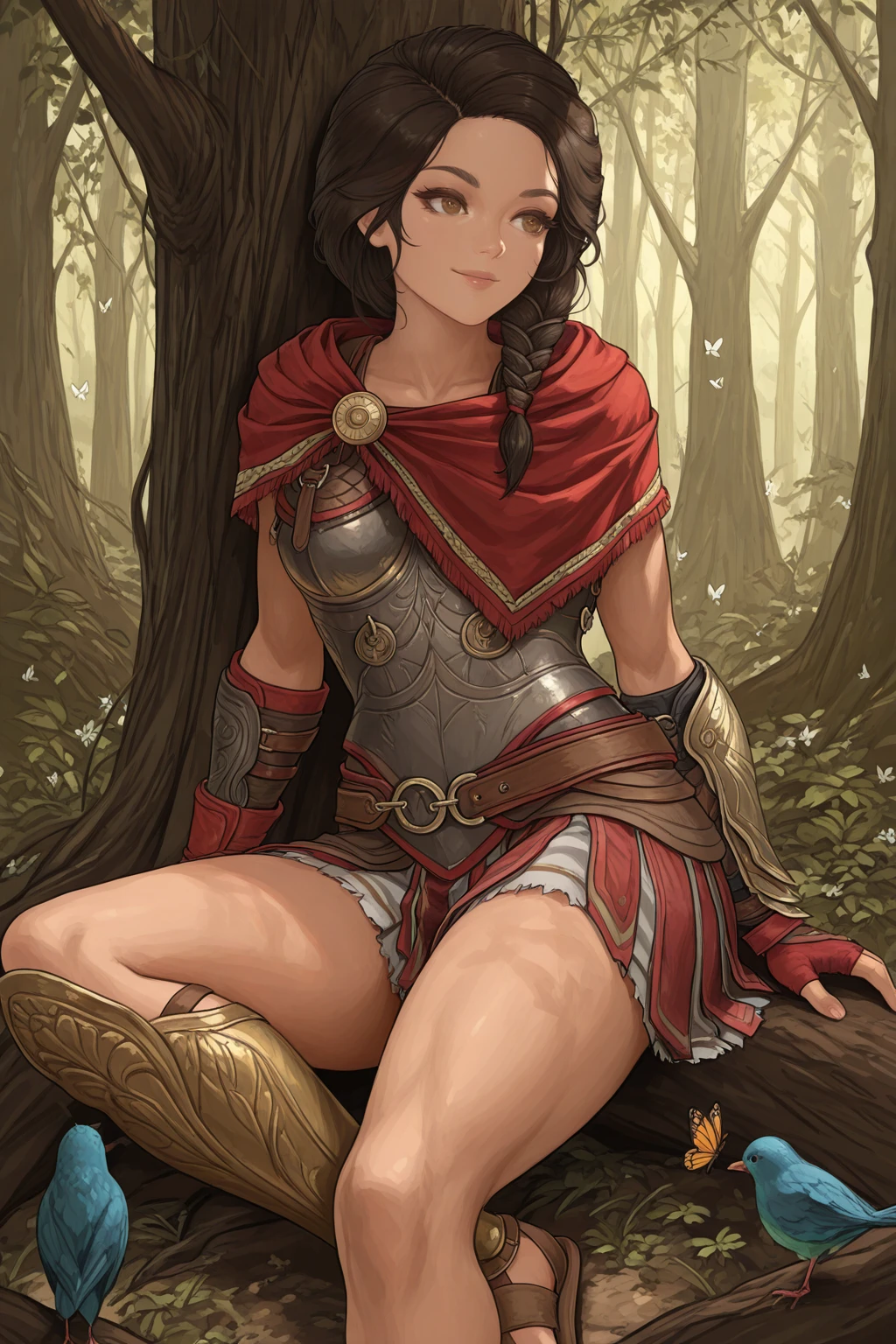 masterpiece, good quality, best quality, very awa, very as2, absurdres, highres
<lora:KassandrailluLoRA:1>kssndra, braid, long hair, hair over shoulder, capelet, breastplate, asymetrical bracer, fingerless gloves, belt, skirt, greaves, sandals, sitting in a forest, butterflies, birds, smile
<lora:alvaStyleilluLYC:1> alva