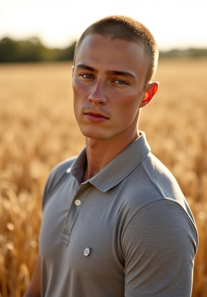 Young handsome cute white white skin soft skinny beautiful face shirtless in a corn field