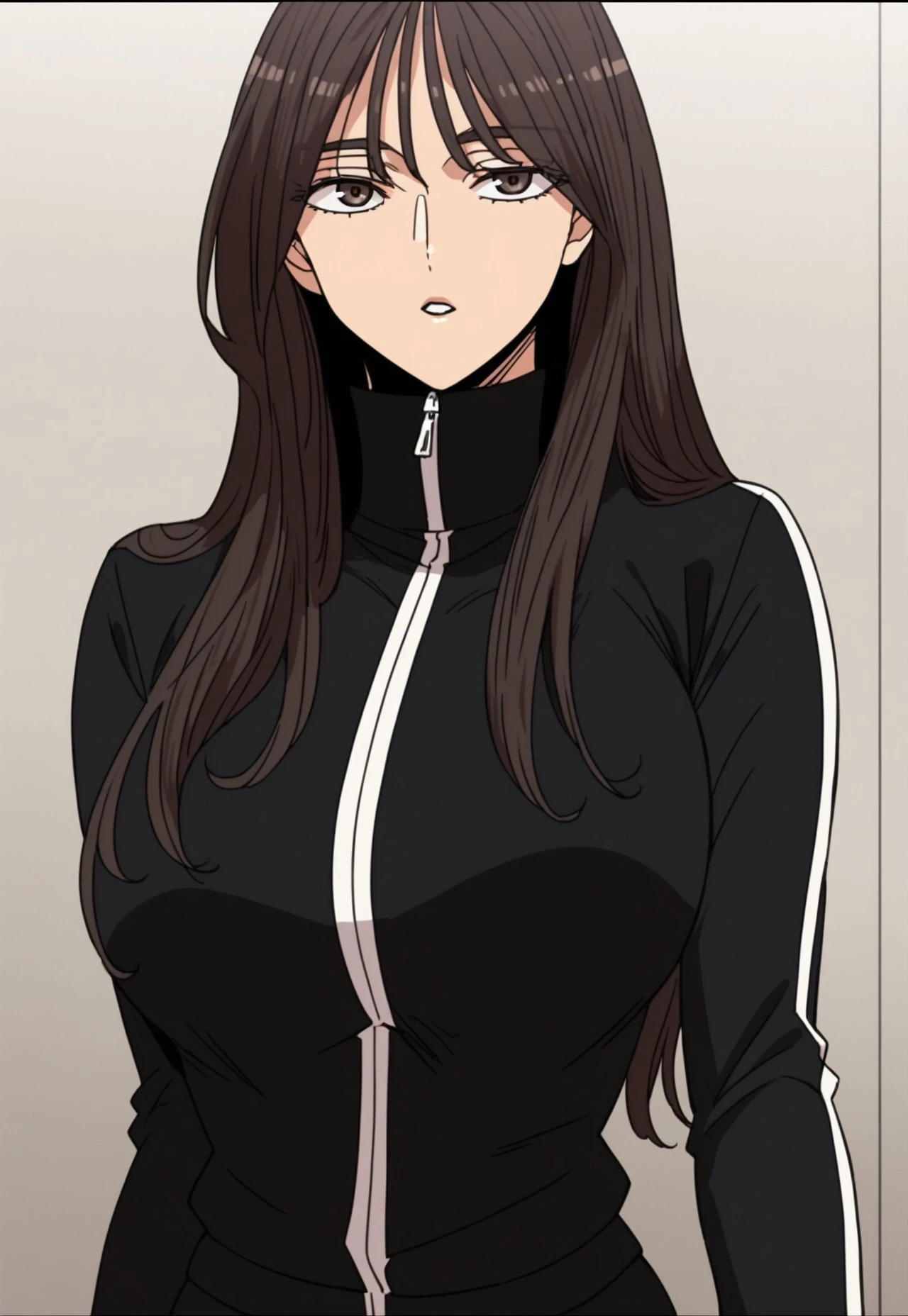 safe_pos, safe_pos, safe_pos, score_9, score_8_up, score_7_up, source_anime, flat color, 2d, source_anime, solo, 1girl, (only one character),rating_explicit,mature female,looking at viewer, large breast, brown hair,parted lips,long hair,large breast,brown eyes,ultra detailed eyes, safe_pos, mature female,BREAK black sports jacket, zip-up track jacket, white stripes on sleeves, high collar, snug fit, modern casual clothing, smooth fabric texture, subtle folds and creases, gray inner lining extending from the collar down to the chest, layered design, slightly reflective material ,track pants, black pants, pants
<lora:BG:0.3>, <lora:Shiny_Anime_Flat_Skin_tone:0.25>, flatshinyskin, <lora:Anime_Screencap:0.5>
