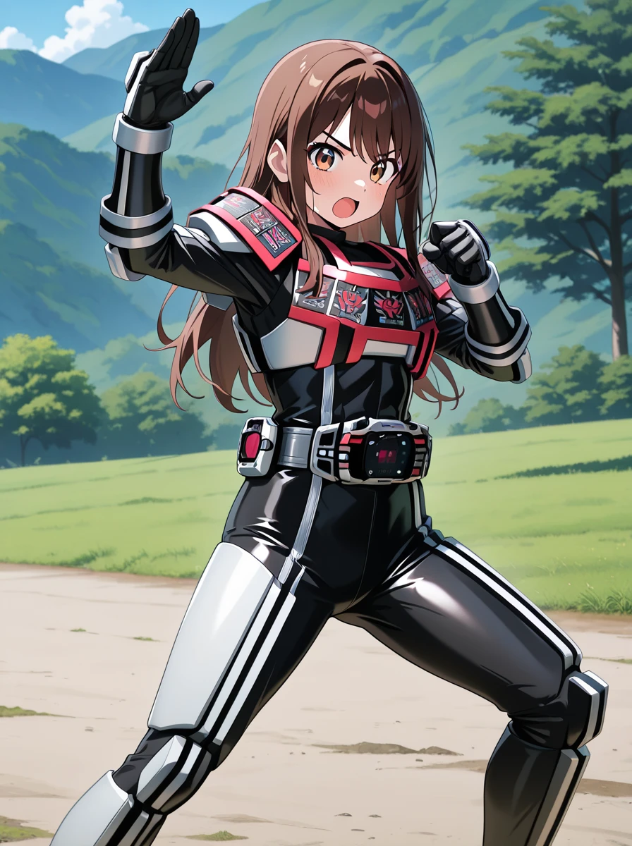 masterpiece, best quality, amazing quality, very aesthetic, absurdres, newest anime screenshot, anime coloring,
<lora:DecadeComplete:0.8>completeform, armor, solo, belt, tokusatsu, , standing, rider belt 1girl long hair, fighting stance, looking at viewer, brown eyes open mouth,