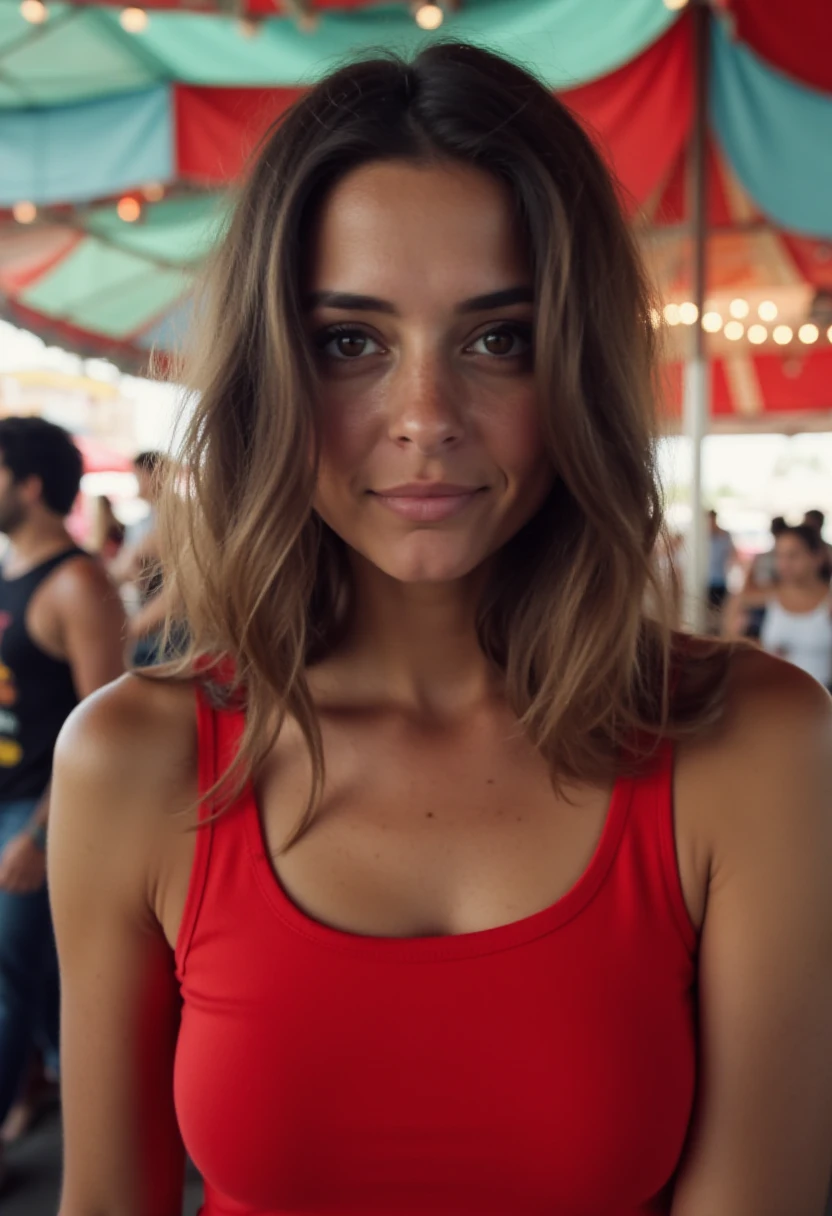 realistic photo of a woman, realistic iphone photo, at a carnival, direct eye contact, frontview, red tank top, serious, 1ph0n3, photograph