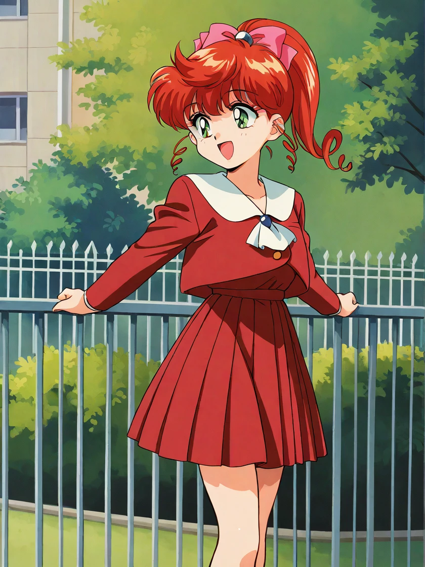 masterpiece, best quality,
1girl, solo, <lora:kokubu_karin_illustrious:1>,
kokubu karin, kokubu karin (school), retro artstyle, 1990s (style), red hair, curly hair, long hair, drill hair, ponytail, high ponytail, hair bow, pink hair bow, bangs,
green eyes,
school uniform, red school uniform, ascot, buttons, long sleeves,
pleated skirt, red skirt,
railing, bush, fence, plant, school, outdoors, park,
smile, :d, feet out of frame, cowboy shot, dynamic pose