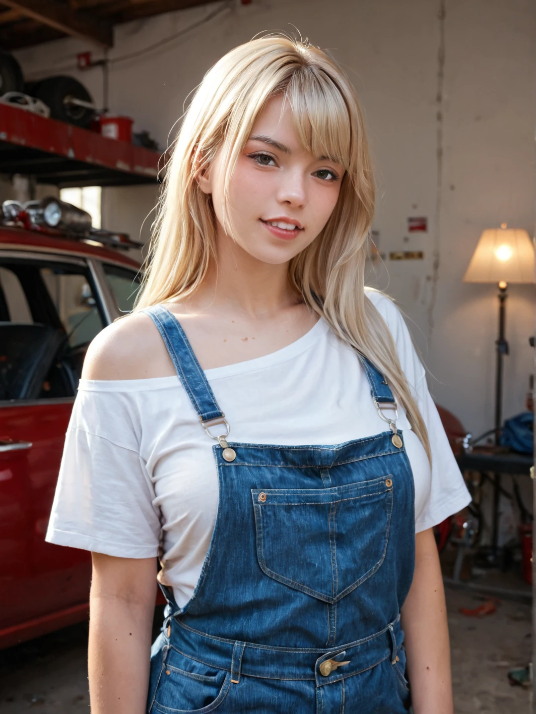 4k, RAW photo, best quality, ultra high res, photorealistic, 1 very young teen girl, blonde teen girl, very long straight blonde hair, solo, dark brown eyes, looking at viewer, smiling, posing, tight coveralls, Instagram picture, full body picture, she is a mechanic working in a garage, muscle cars.