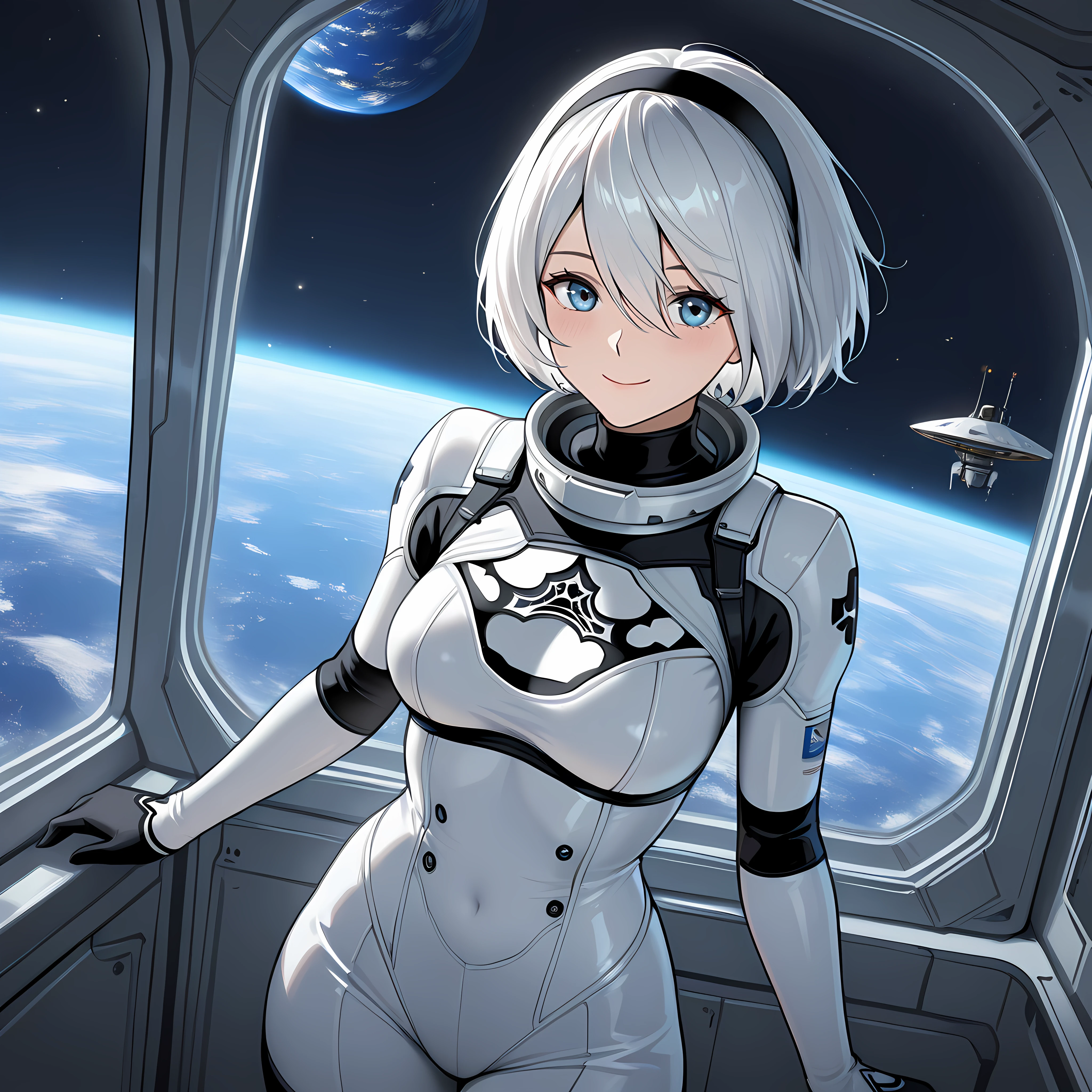 1 elf girl, dark skin, beautiful golden corneas, beautiful silver hair, bob hair, pointed ears, pink lips, sitting in a robot cockpit, outer space, white shiny pilot suit, upper body depiction, viewing Look at people, smile kindly, put on goggles,