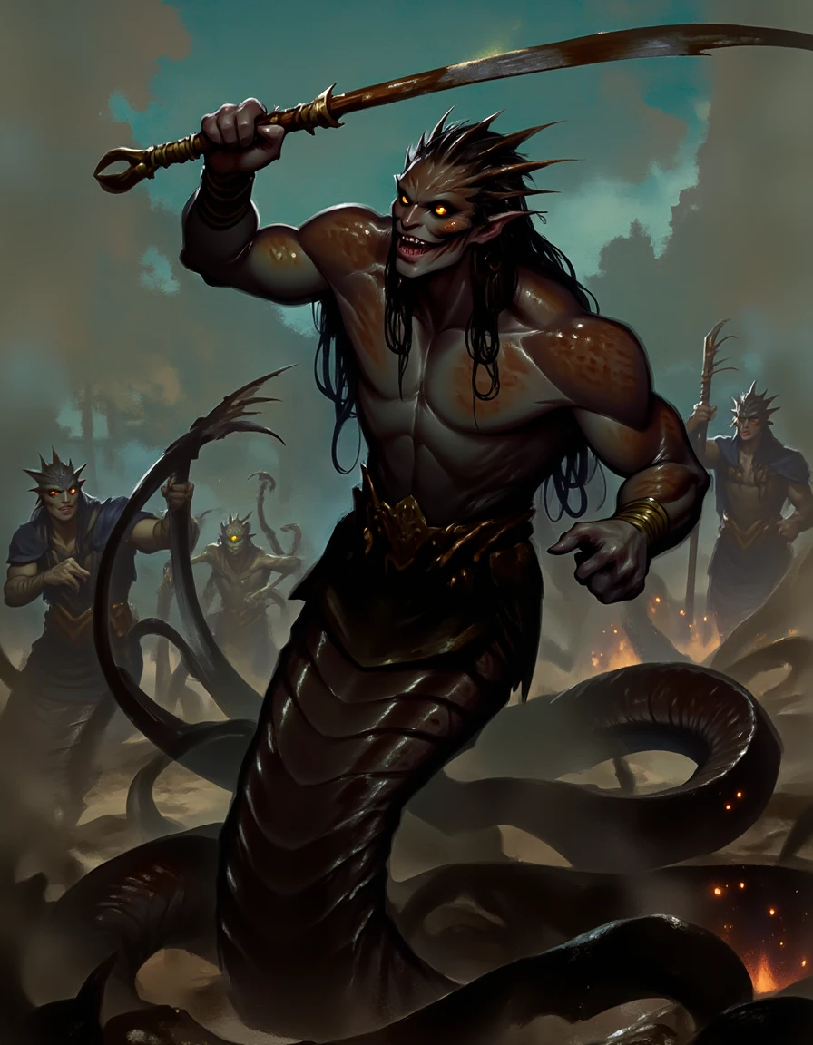 <lora:naga-lamia-concept:1.2>, A naga warrior lunging forward with a massive two-handed glaive. The battlefield is a blur of motion, dust and sparks flying as metal clashes against metal, n4g4