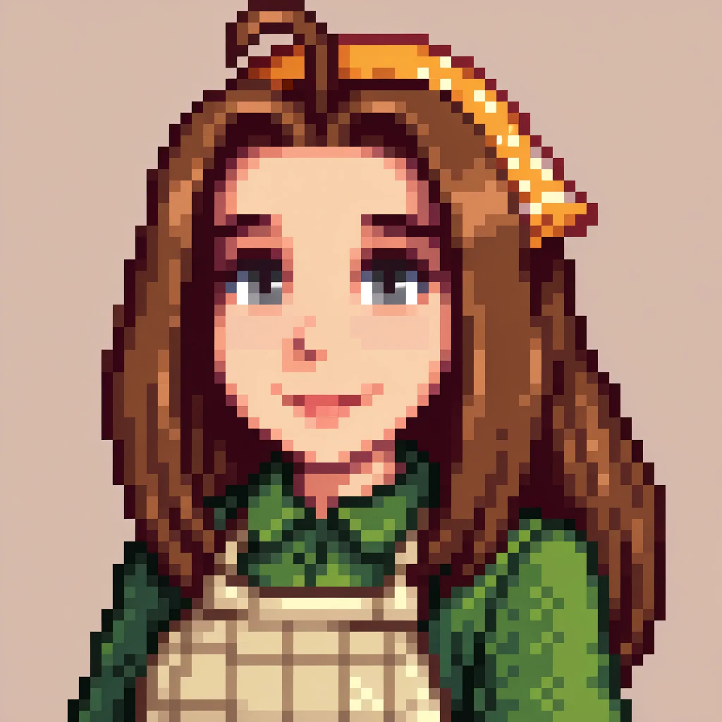 masterpiece, best quality, solo, 1girl, smile, looking at viewer, <lora:Stardew-Valley-Portraits-illus_Fp:1>, pixel art, portrait, simple background, <lora:Celia-illus_Fp:1>, celiahm, brown hair, grey eyes, ahoge, long hair, bandana, green shirt, apron, skirt, plaid,