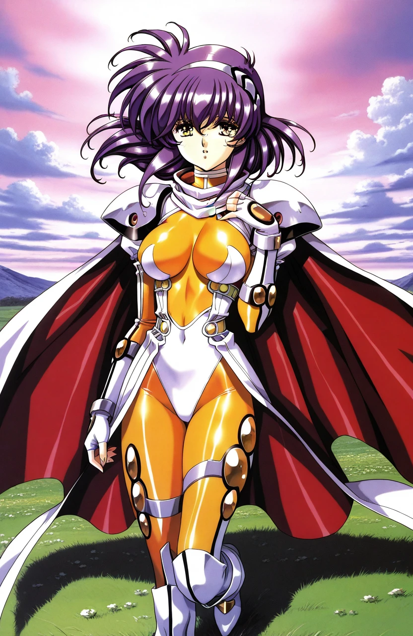 ultra-detailed, Explicit, Beautiful body, Beautiful Nose, Beautiful character design, perfect eyes, perfect face, ultra highres, 4K, beautiful legs, perfect legs, Nice hands, Perfect hand, Masterpiece, Best Quality, Highly detailed, illustration, absurdres, perfect anatomy, BOOTS, THIGH BOOTS, BODYSUIT, LEOTARD, HEADSET, absurdres, highres, solo, cowboy shot, 1girl, perfect hands, wind, (highres,best_quality,masterpiece), hair ornament, hikaru_rayearth, red hair, red eyes, single braid, hair bow,