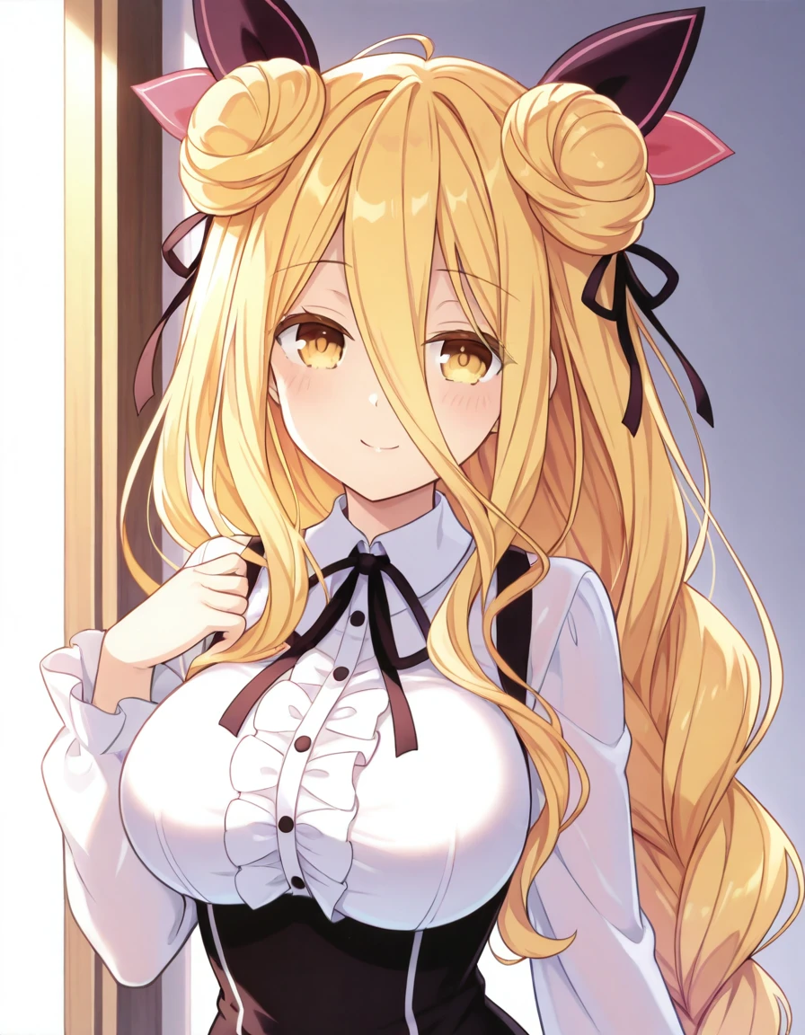 Volumetric Lighting, (masterpiece), (best quality), (ultra-detailed), masterpiece, source_anime, score_9, score_8_up, score_7_up BREAK, illustration, disheveled hair, detailed eyes, perfect composition, moist skin, intricate details BREAK, light depth, BREAK, ], Mukuro, yellow eyes,large breasts, blonde hair, double bun, very long braid, single braid, hair between eyes BREAK, MukuroCasual, csl_shirt, csl_suspenders, csl_hair_bow,csl_neck_ribbon, csl_skirt BREAK, looking at viewer, simple background, white background, shoes, standing,smile, upper body