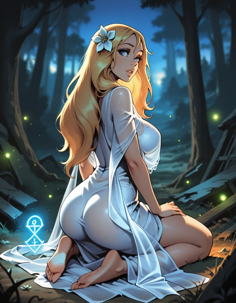 masterpiece, best quality, 1girl, solo, absurdres,
large breasts,
freyjadg,
blonde hair, long hair, blue eyes,
uncensored,
hair flower, hair ornament, see-through, jewelry, shawl, dress,
barefoot,
looking to the side ,
from behind, from above , Kneeling with both hands on thighs ,
magic,
blurry background,
lips, eyelashes, eyeliner,
village, sunset, fireflies, forest, runes,
ruins,
neon lights, glowing, dim_lighting,
blurry background,