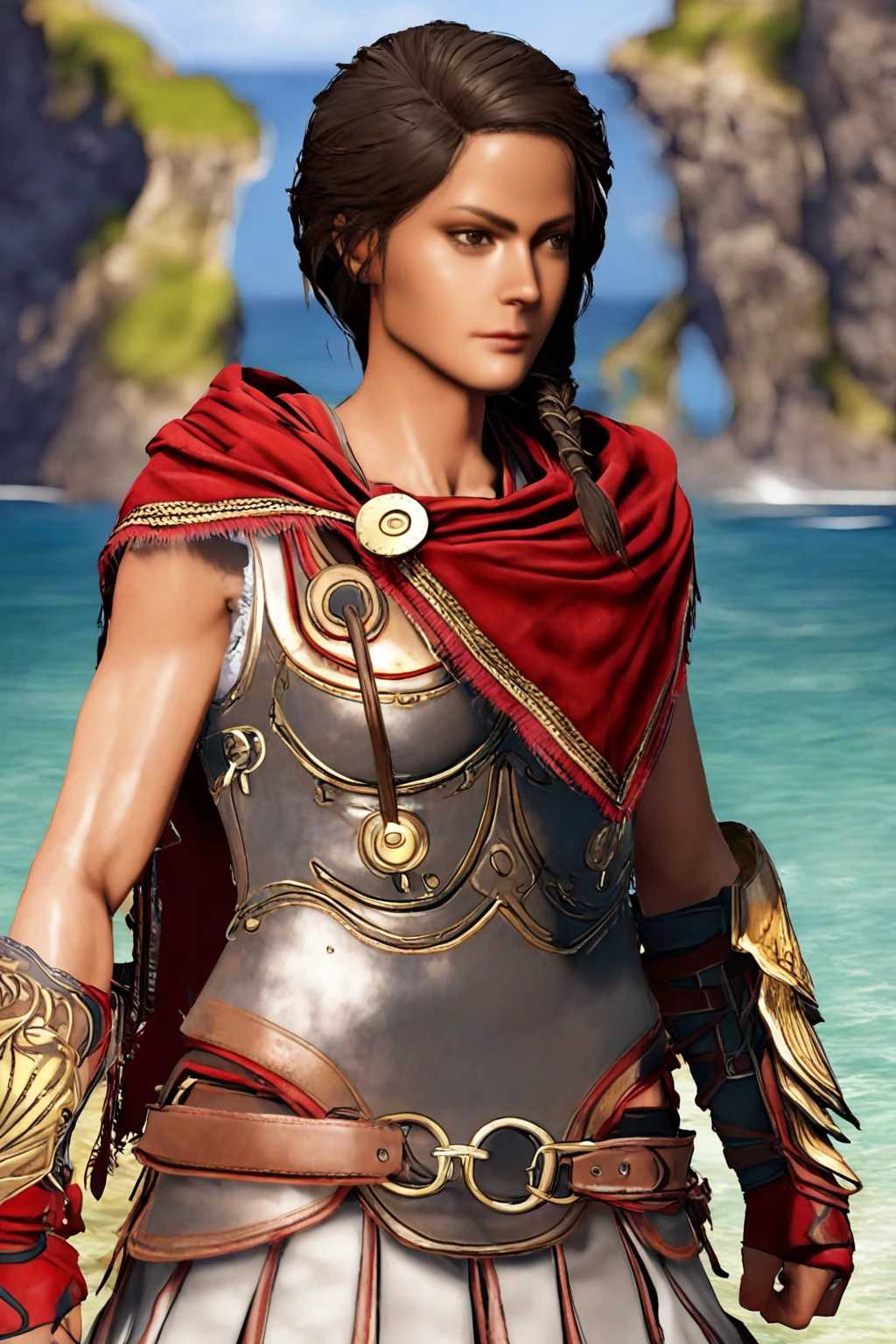 masterpiece, good quality, best quality, very awa, very as2, absurdres, highres, 3d, render
<lora:KassandrailluLoRA:1>kssndra, braid, long hair, hair over shoulder, capelet, breastplate, asymetrical bracer, fingerless gloves, belt, skirt, outdoors, ocean, cliff