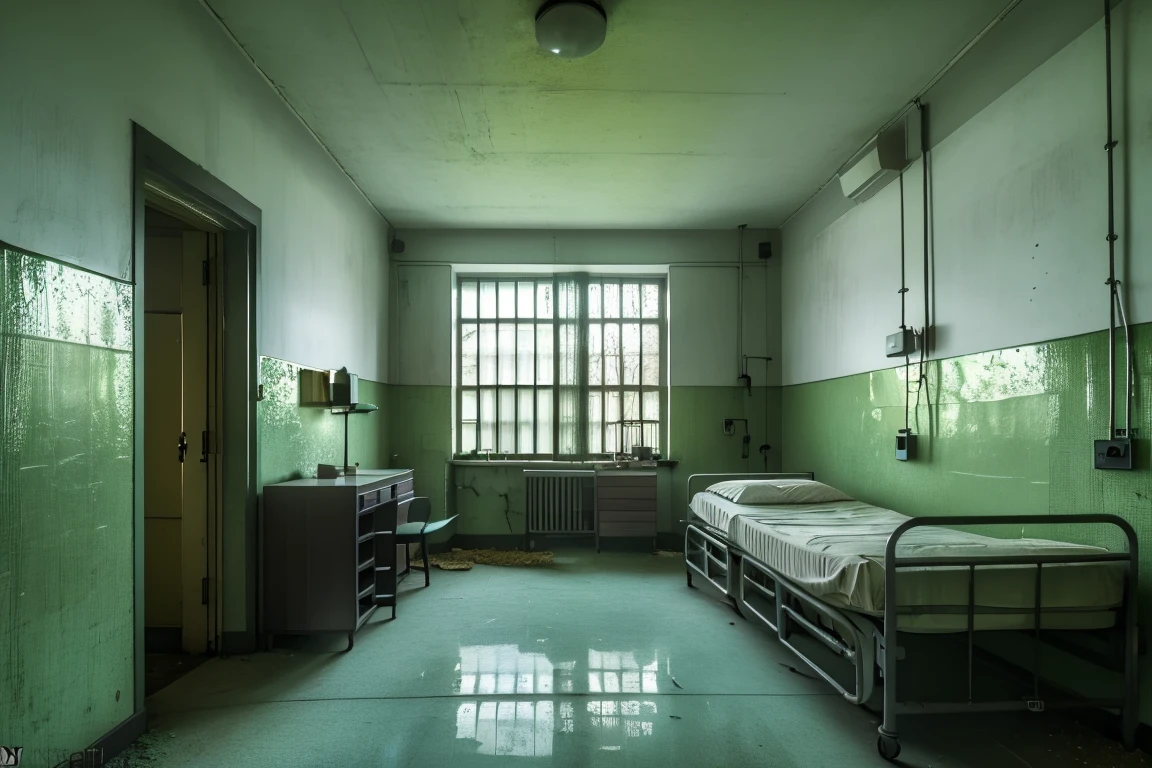 <lora:JJsAbandonedHospital:0.85> , ((Abandoned Hospital)), ((masterpiece)), ((best quality)), scenery, indoor, realistic, soft lighting, high detailed, center composition, door, window, bed, hall way, vine, lamp, desk, bottle, dirty, moss, crack, medical equipment, dust, soil, broken glass, gray wall,, photography, capturing moments, storytelling, creative composition
