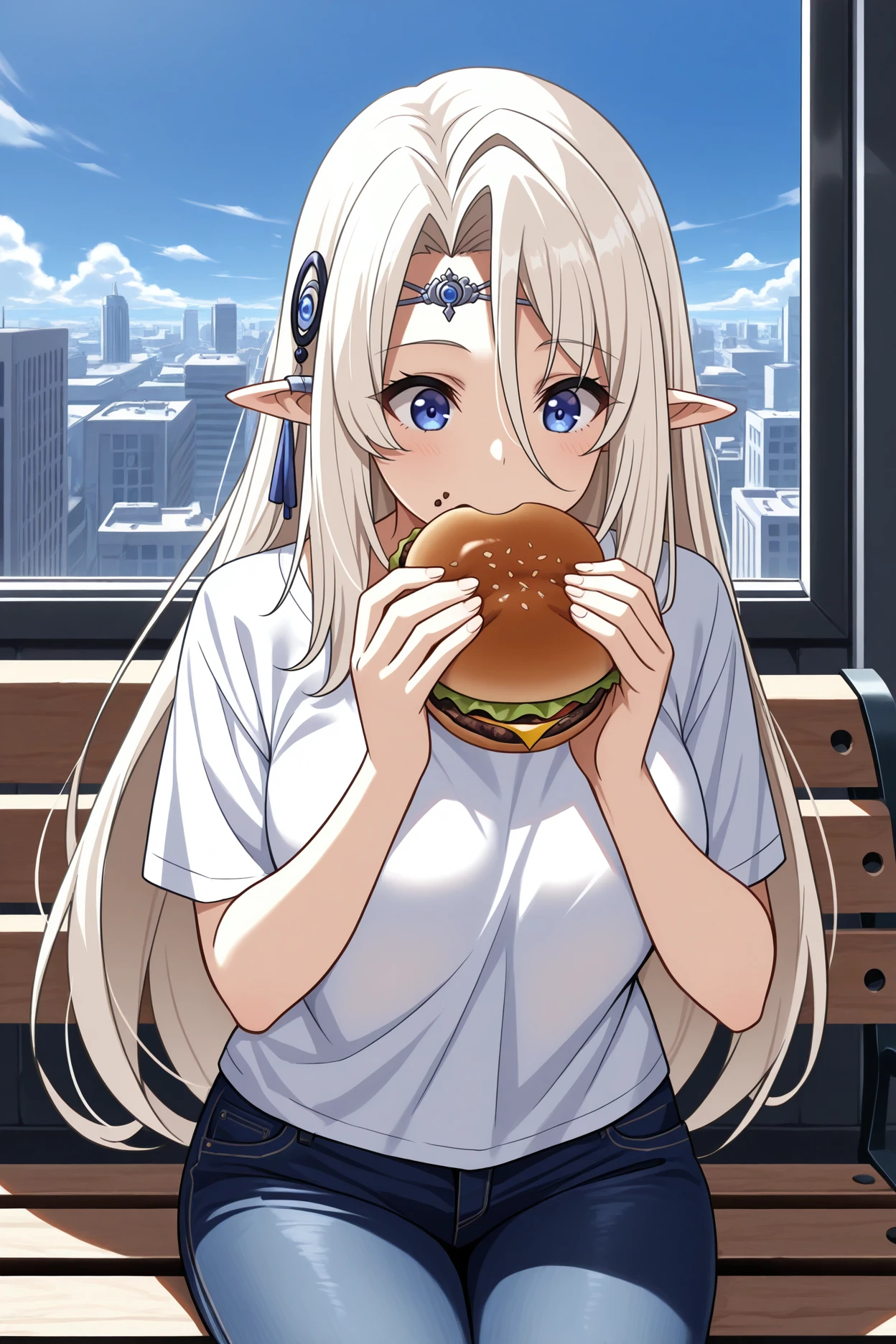 masterpiece, best quality, 1girl, solo, <lora:sdbeatrix-illu-nvwls-v1-000006:1> sdbtr, pointy ears, platinum blonde hair, long hair, hair between eyes, blue eyes, circlet, hair ornament, white t-shirt, baseball cap, jeans, holding hamburger, eating, blue sky, city, sitting, bench