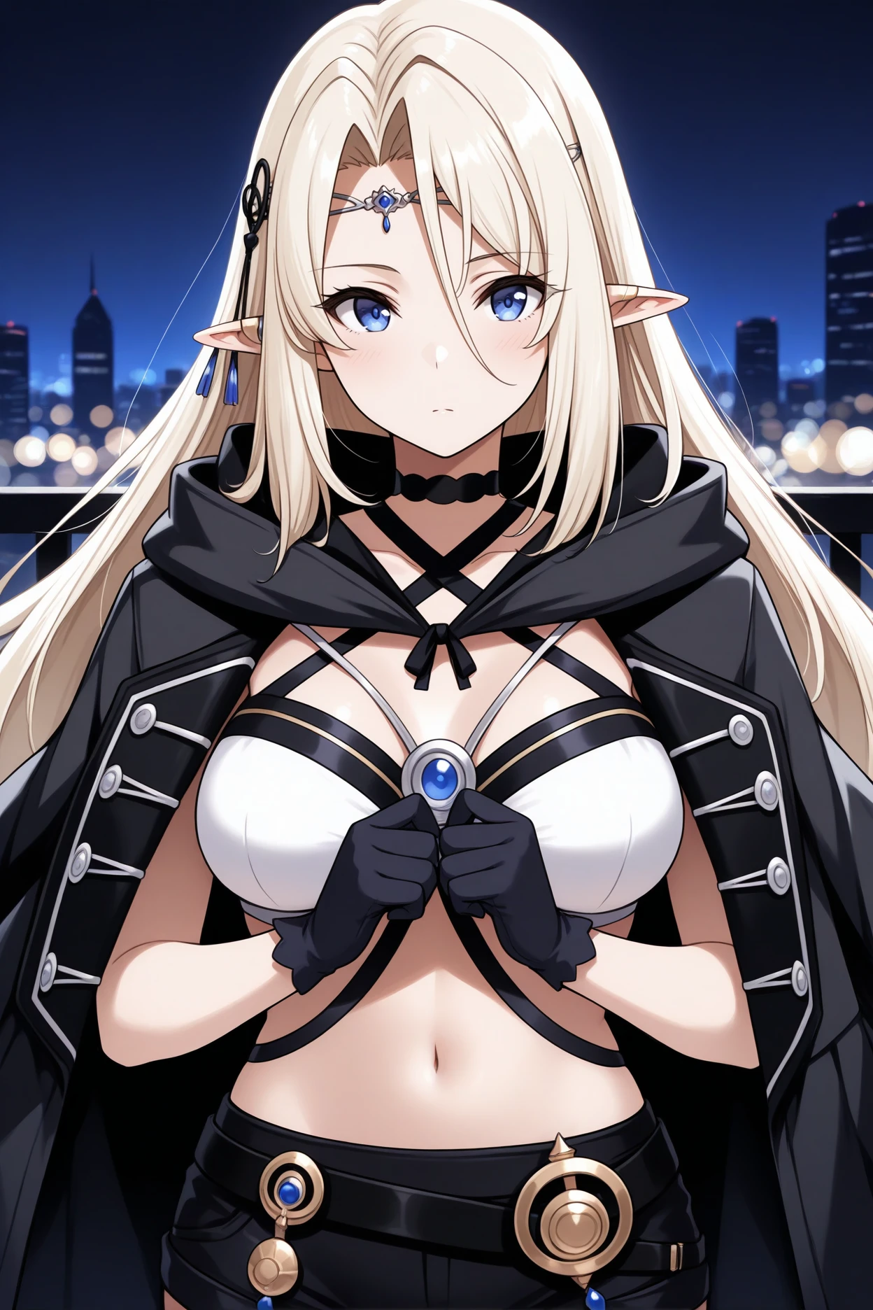 masterpiece, best quality, 1girl, solo, <lora:sdbeatrix-illu-nvwls-v1-000006:1> sdbtr, pointy ears, platinum blonde hair, long hair, hair between eyes, blue eyes, circlet, hair ornament, black choker, white shirt, midriff, criss-cross halter, black straps, black shorts, short shorts, belt, black gloves, black coat on shoulders, upper body, night, city, bokeh, looking at viewer