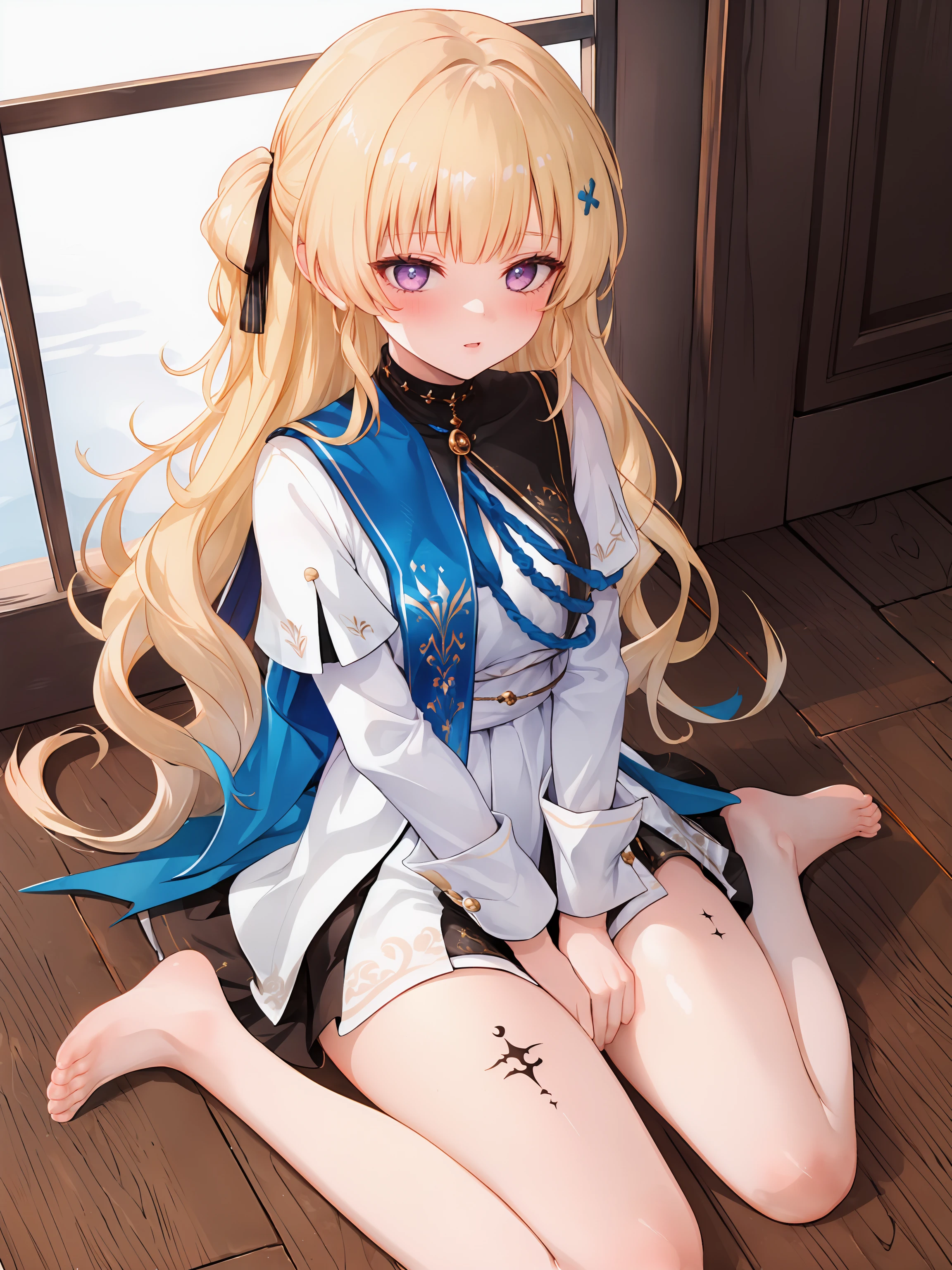 ((masterpiece,best quality)), 1girl, phoebe, leg tattoo, barefoot, wariza, sitting, from above, blush