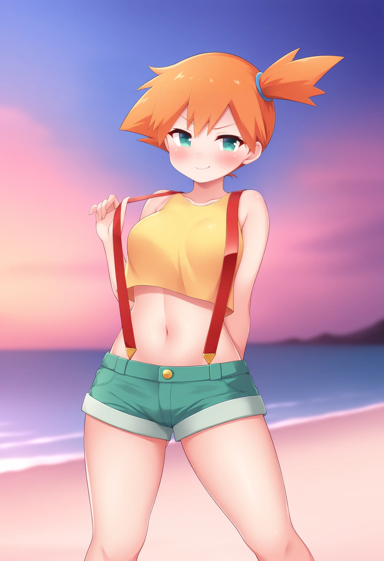 best quality, amazing quality, very aesthetic, absurdres,
BREAK
1girl, misty \(pokemon\), orange hair, side ponytail, yellow crop top, short shorts, suspenders, looking at viewer, smirk, standing BREAK
sand, sea, blue sky, beach background, <lora:YuuYumezakuraNoobLocon_byKonan:1>