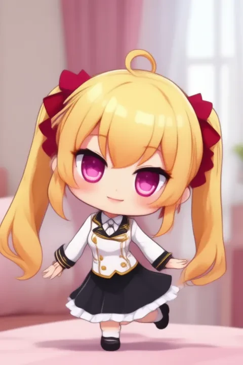 Takamiya Rion, anime-style girl. The image features an anime-style character with long blonde hair styled in twin tails, each adorned with a red bow. The character has striking purple eyes and is wearing a white blouse with black trim and gold buttons, paired with a black skirt that has a frilled hem, (she is dancing:2.0), (chibi Nendoroid:3.0) in bedroom.
