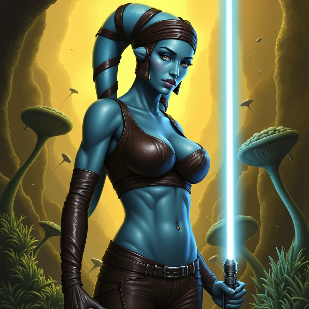 master piece, high resolution, high res, female twi'lek, blue skin, corporal marks, naked, medium breasts, kneeling, detailed pussy, forest