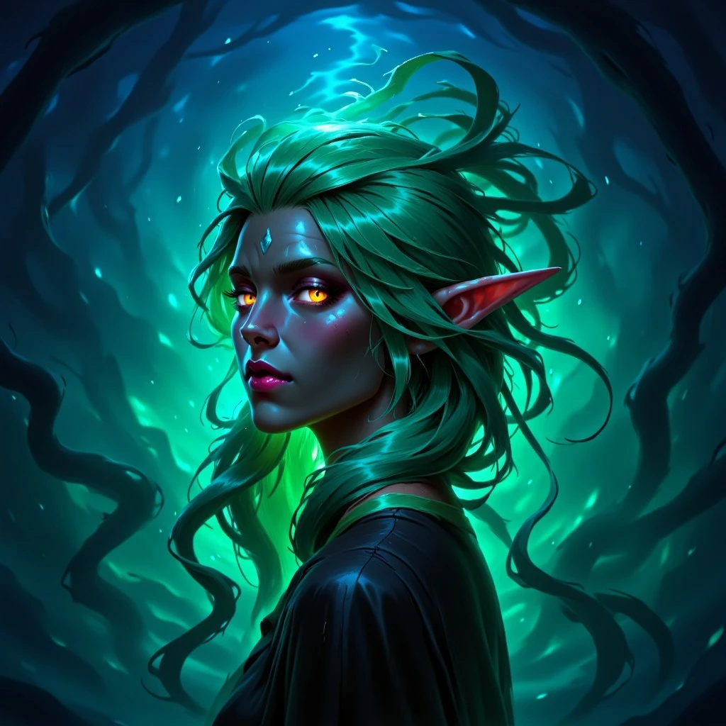 FantasyCardd-V1.0 illustration of a dark, moody, and ethereal style, featuring a hauntingly beautiful woman. The artwork is rendered in a digital medium, likely using software like Adobe Photoshop or Illustrator, with a focus on vibrant, glowing, and swirling effects. The woman has long, flowing hair that appears to be made of a glowing, ethereal substance, with colors shifting between various shades of teal and green, creating a mesmerizing, almost liquid-like texture.