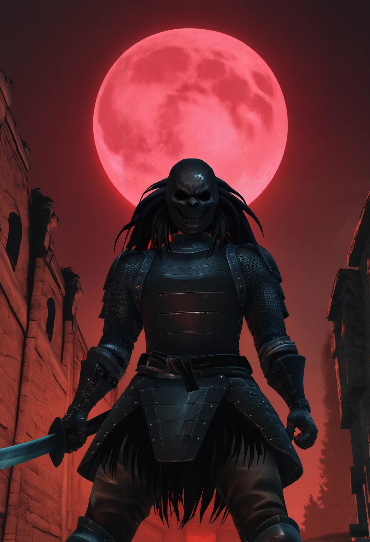 masterpiece, best quality, newest, hdr, dark, night, outdoors, red moon, full moon, solo, rrwa0d, wearing rrwa0d, black mask, covered face, covered eyes, covered mouth, chainmail, black shoulder armor, black breastplate, black gauntlets, black belt, black faulds, black waist cape, black pants, greaves, long hair, black hair, holding ka1an0a, cowboy shot, foreshortening, dynamic pose <lora:Mad warrior set:1>