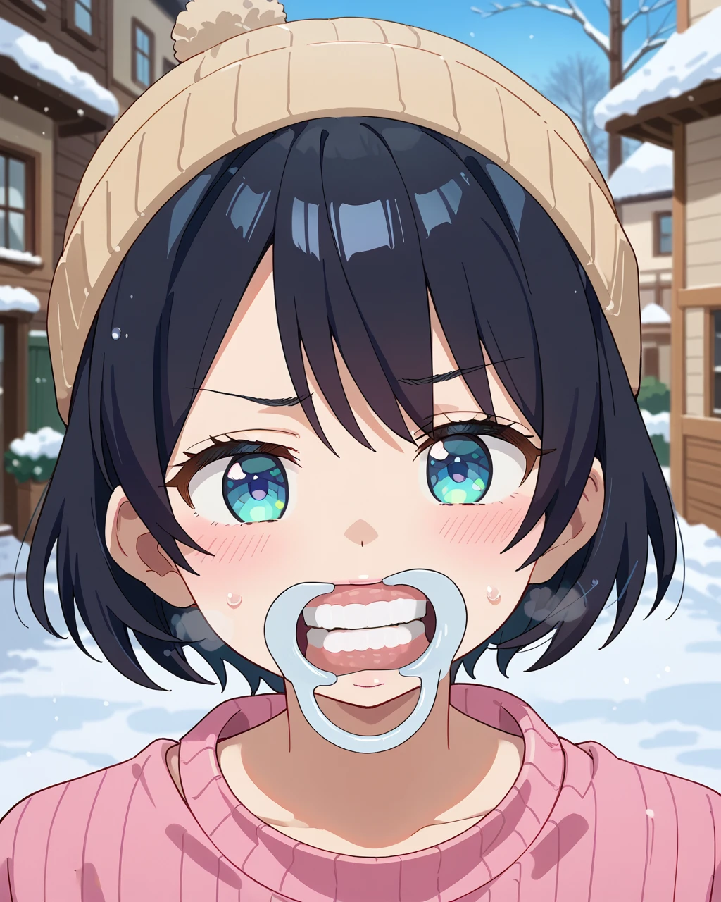 score_9, score_8_up, score_7_up, score_6_up, score_5_up, score_4_up,BREAK,source_anime ,BREAK,1 girl, young,sweater, bowly cut hair,black hair,simple background,bob cut,half open eyes,white breath,open mouth,cold zone,kawaii,cute,knit beanie,snow, <lora:PONY_mouth_wider_v1:1>mouthwider,sad eyebrow,clench teeth,
