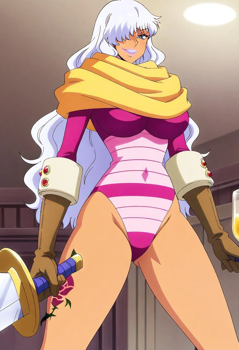 charlotte, long white hair, hair over one of the eyes, right eye hidden under his white hair, purple lips, right thigh rose tattoo, blue eyes, pink leotard, long sleeves, scarf, gloves, boots, helmet, standing, legs, outdoors, sexy anime girl, sexy girl standing, sexy girl wearing transparent swimsuit, transparent swimsuit, visual  through blouse, half-naked girl, transparent clothing
(insanely detailed, beautiful detailed face, masterpiece, best quality)
