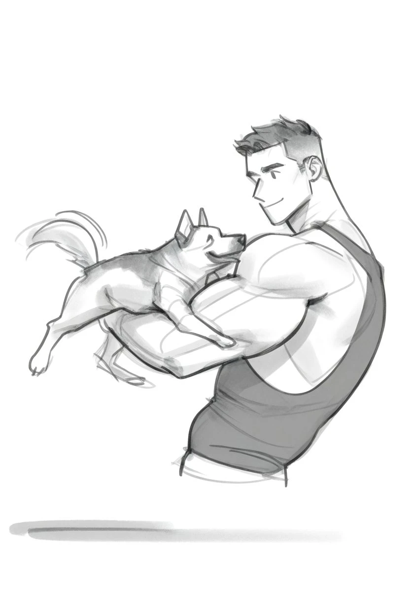 1boy,muscular,solo,muscular male,dynamic pose,
shadow,draft,monochrome,greyscale,sketch,lineart,white background,
upper body,black tank top,hugging a bog,animal,dog,smile,
<lora:simple_lineart-IL:0.8>,