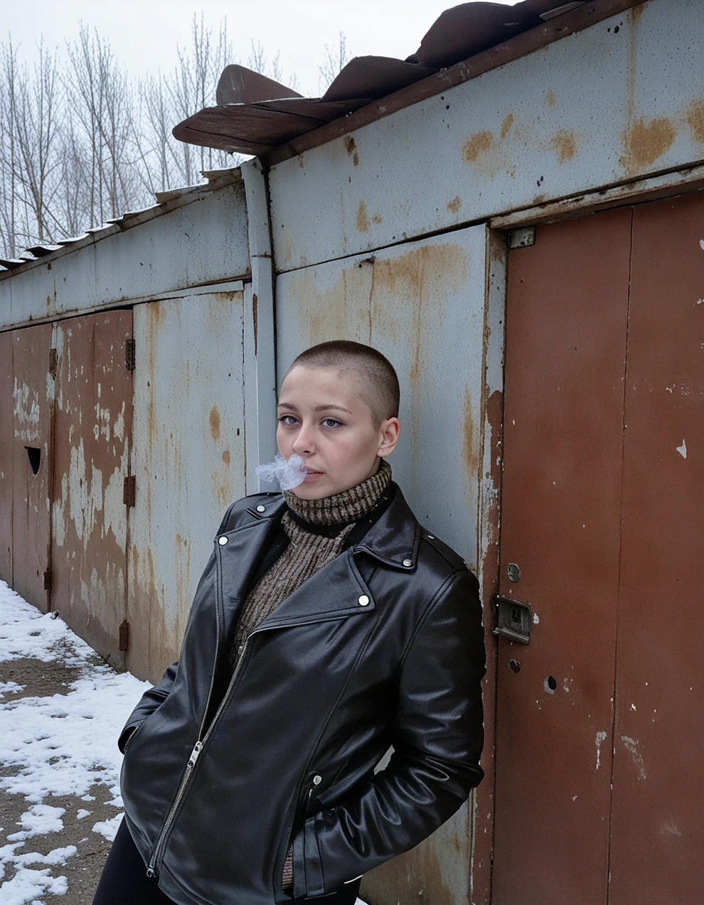 A post-Soviet girl in an old-school, oversized leather jacket and a thick knit scarf leans against a rusting garage door, exhaling a cloud of smoke from her lips. Her buzzed hair is dyed an unnatural shade of blonde, her nails chipped black. The early morning air is crisp, and frost clings to the edges of the metal structures around her. In the background, Soviet-era panel buildings stand tall, their facades cracked and worn. The silence of the garage lot is interrupted only by the distant sound of pigeons cooing from the rooftops. The scene is shot in a muted, desaturated color palette, emphasizing the bleak, post-industrial atmosphere, yet her presence remains unapologetically bold—a stark contrast to the decaying world around her.