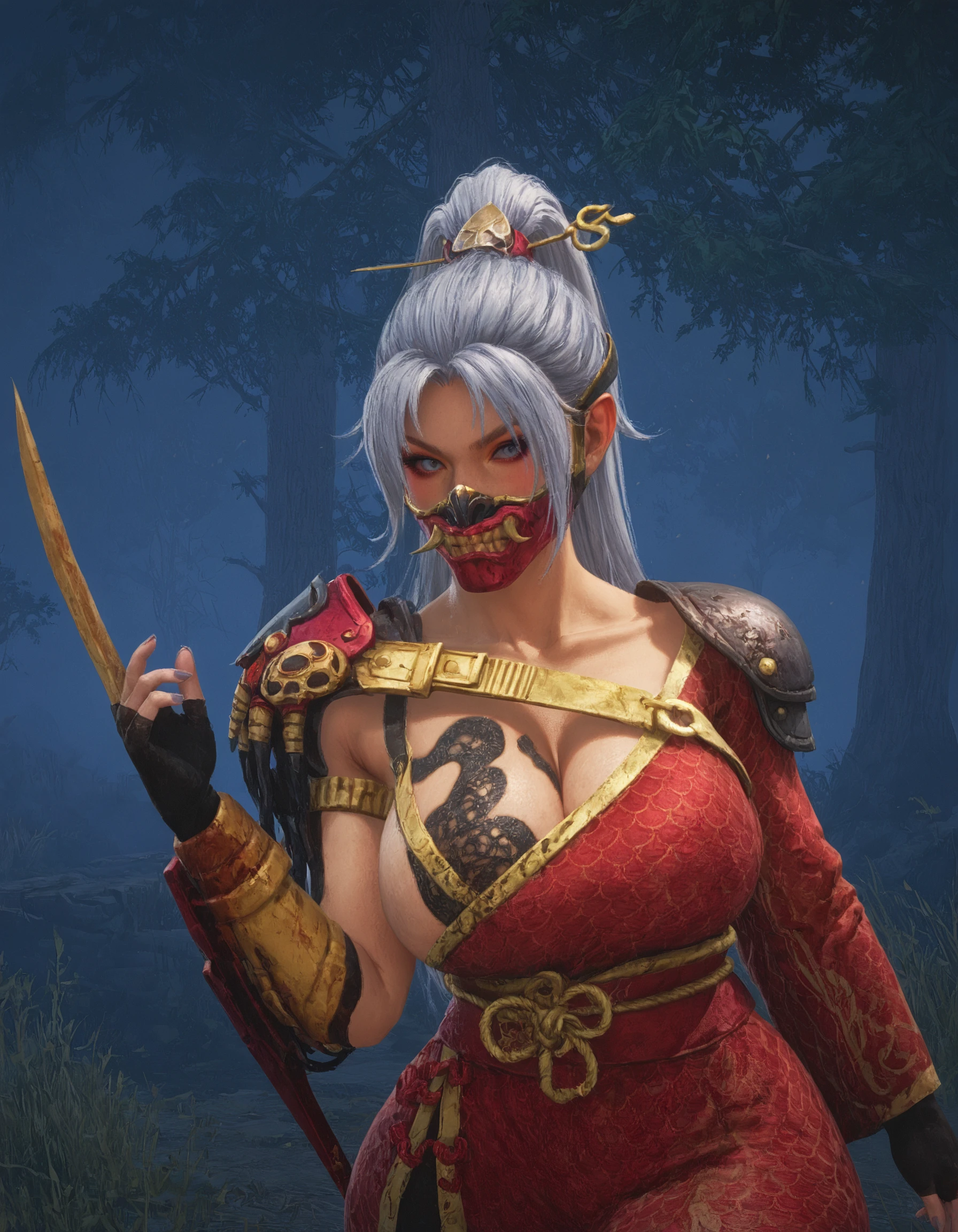 score_9, score_8_up, score_7_up, masterpiece,<lora:sn0wStyle:1> <lora:HKHorrorXL:1>1girl, mask, armor, solo, gloves, shoulder armor, weapon, hair stick, fingerless gloves, looking at viewer, hair ornament, long hair, gray hair, ponytail, the skull merchant, outdoor, sunlight<lora:The_Skull_Merchant_Lunar_Outfit_Dead_by_Daylight:0.8>wide hips, thick thighs, hyper hips, huge breasts, gigantic breasts, gigantic ass,