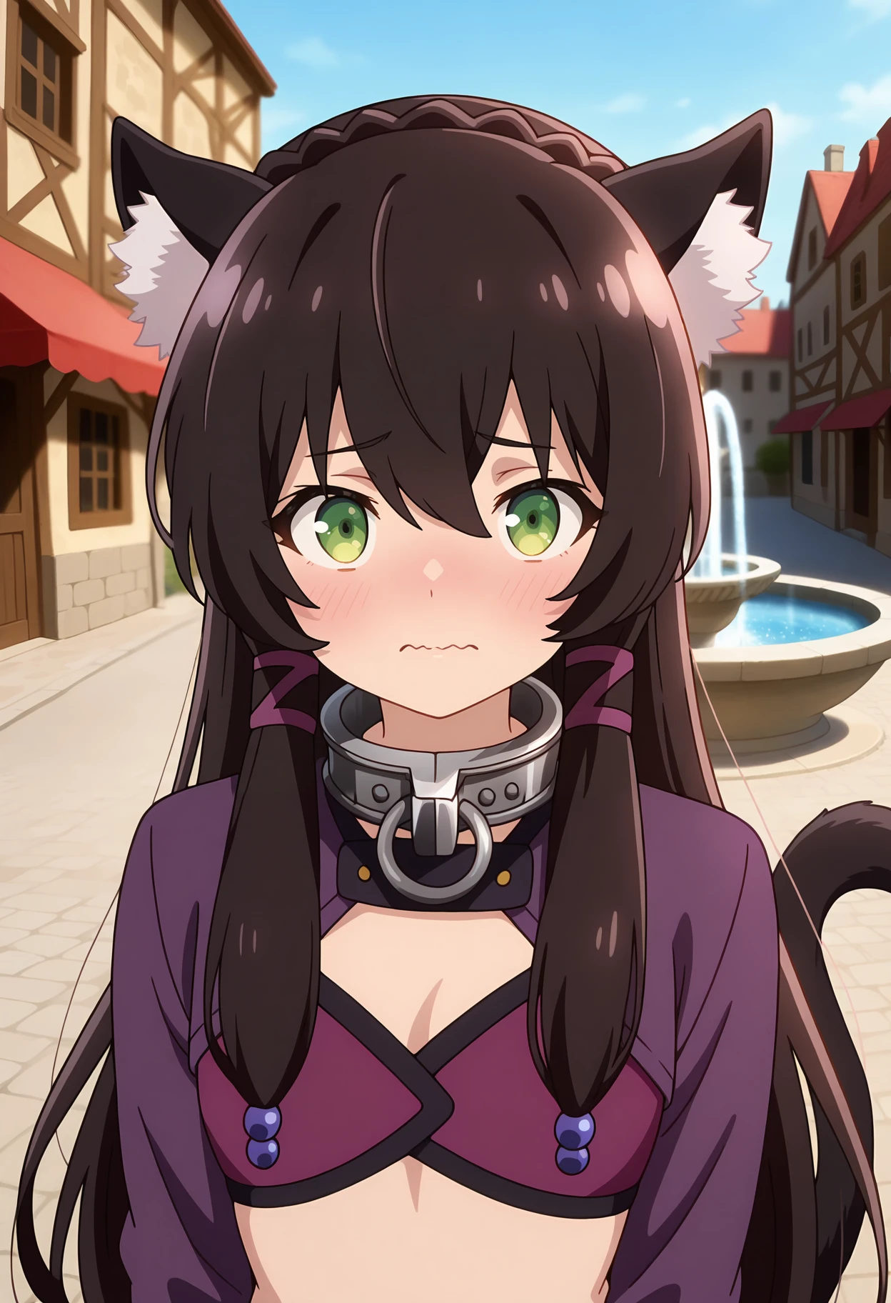 score_7_up, anime screencap,
<lora:IsekaiMaou_RemGalleuXL:0.9>,
1girl, solo, wavy mouth, nose blush,
long hair, black hair, hair between eyes, crown braid, green eyes, animal ears, tress ribbon, hair beads, cat tail,
RemMain, metal collar, purple jacket, crop top, purple bra, long sleeves,
fisheye, close up, portrait, looking at viewer,
town, medieval, fountain, photo background, blurry background