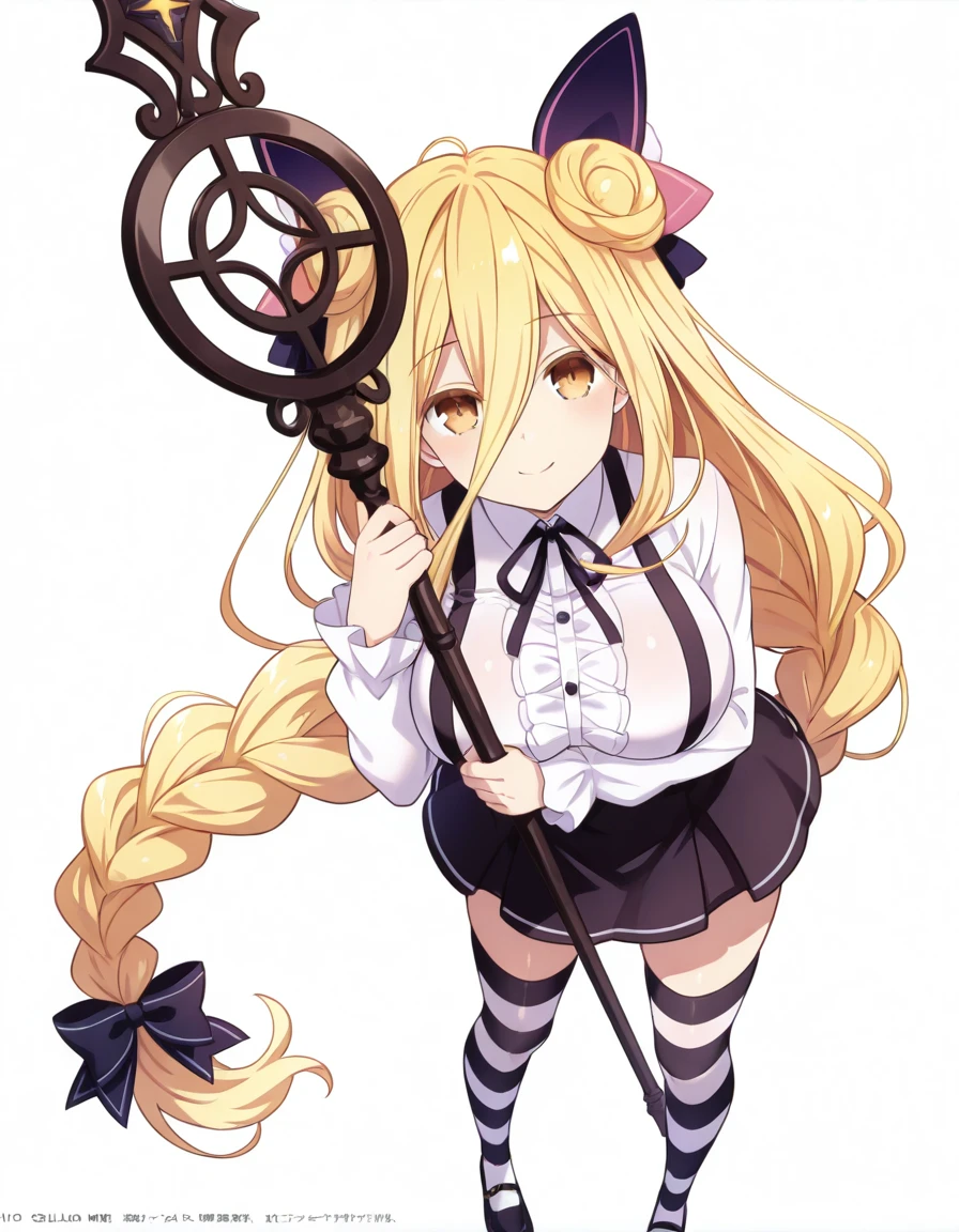 Volumetric Lighting, (masterpiece), (best quality), (ultra-detailed), masterpiece, source_anime, score_9, score_8_up, score_7_up BREAK, illustration, disheveled hair, detailed eyes, perfect composition, moist skin, intricate details BREAK, light depth, BREAK, ], Mukuro, yellow eyes,large breasts, blonde hair, very long braid, single braid, hair between eyes BREAK, MukuroCasual, csl_shirt, csl_suspenders, csl_hair_bow,csl_neck_ribbon, csl_skirt, csl_striped_thighhighs BREAK, looking at viewer, simple background, white background, shoes, standing,smile, zdc_key_staff, holding stff, holding with one hand