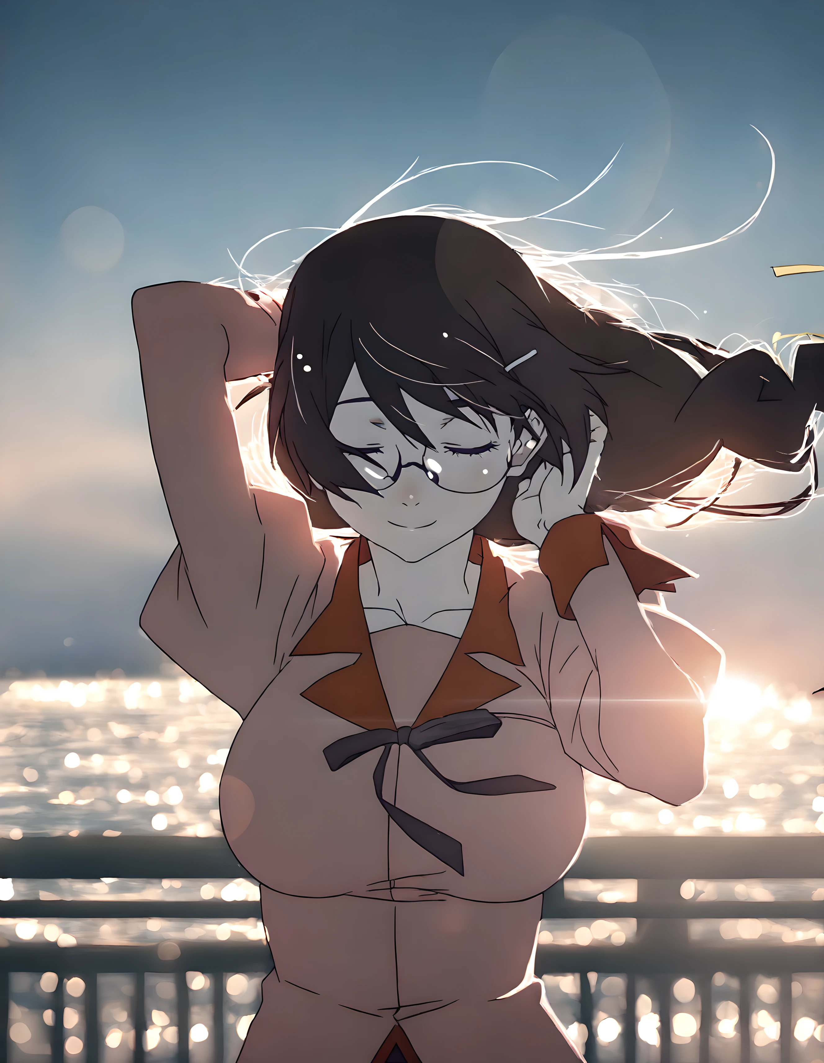 <lora:illustrious_XL_hanekawa_v2:0.8>,hanekawa,masterpiece,best quality,good quality,1girl,solo,naoetsu_high_school_uniform,hair fluttering in the wind,dusk,street,railing,ocean,reflection of light on the water surface,standing,arms_up,arm_behind_head,adjusting_hair,upper_body,front view,lens_flare,bokeh,rim light,smile,closed eyes,