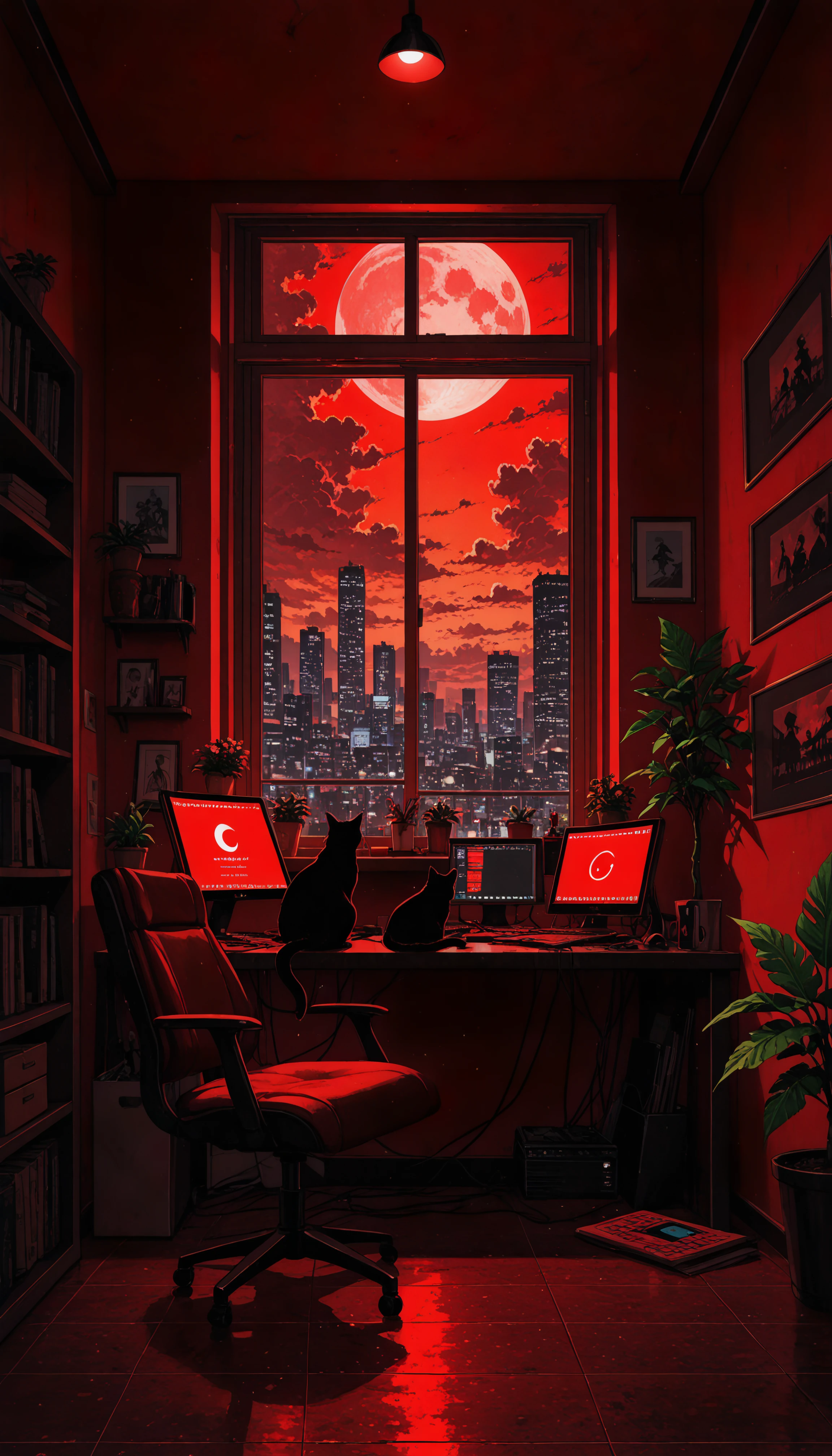 aniwall, anime, aesthetic, 8k wallpaper, detailed, sitting, sky, cloud, indoors, no humans, window, animal, moon, cat, plant, building, scenery, sunset, city, potted plant, cityscape, computer, black cat, skyscraper, red sky, skyline, hdr, low contrast,
masterpiece, best quality, absurdres, highres, perfect anatomy, perfect lighting, (sharp image), dynamic angle