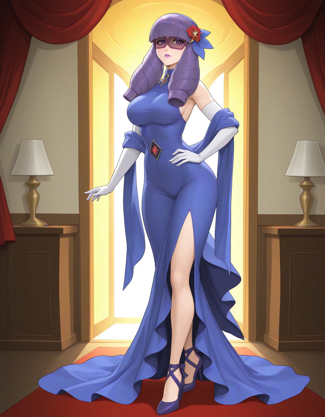 perfect anatomy, good quality, amazing quality, masterpiece, mature female, very awa, perfect quality, anime, detailed, 4k, detailed background, detailed illustration, professional illustration, high contrast, shadows, intense colors,, adult woman, grown up,
<lora:Rachelsmall-10:1> rachelpokemon, purple eyes, purple eyeshadow, purple hair, sunglasses,
<lora:lillie_21anniv_illus:0.4>hair ornament, hair flower,blue hairband, official alternate costume, purple blue dress, white elbow gloves, ankle ribbon, purple high heels, sakimichan, redrop