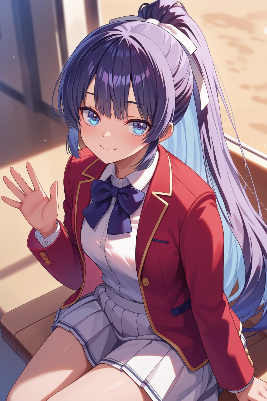 masterpiece, best quality, absurdres, safe
1girl mako amikura blue hair blue eyes hair ribbon white ribbon
red jacket school uniform, pleated skirt, white shirt, sitting, waving, looking at viewer, smile
<lora:cote_aio_il_6_v1_d32:1>