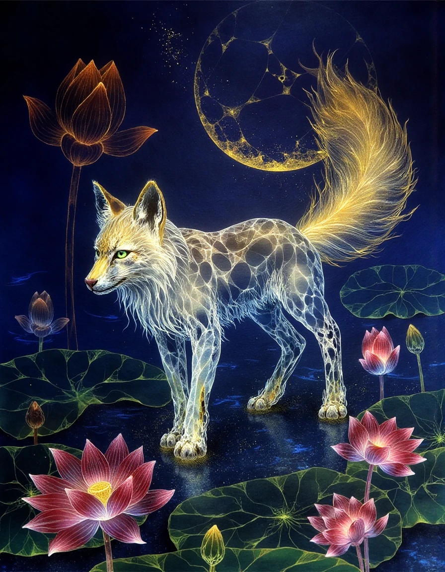 a dinhng style painting , a mystical nine-tailed fox with translucent fur glowing golden under the moonlight, standing amidst intricate lotus flowers in a starry ethereal night sky with vivid colors and deep contrasts, <lora:nihonga-stardust_v32-000070:1>