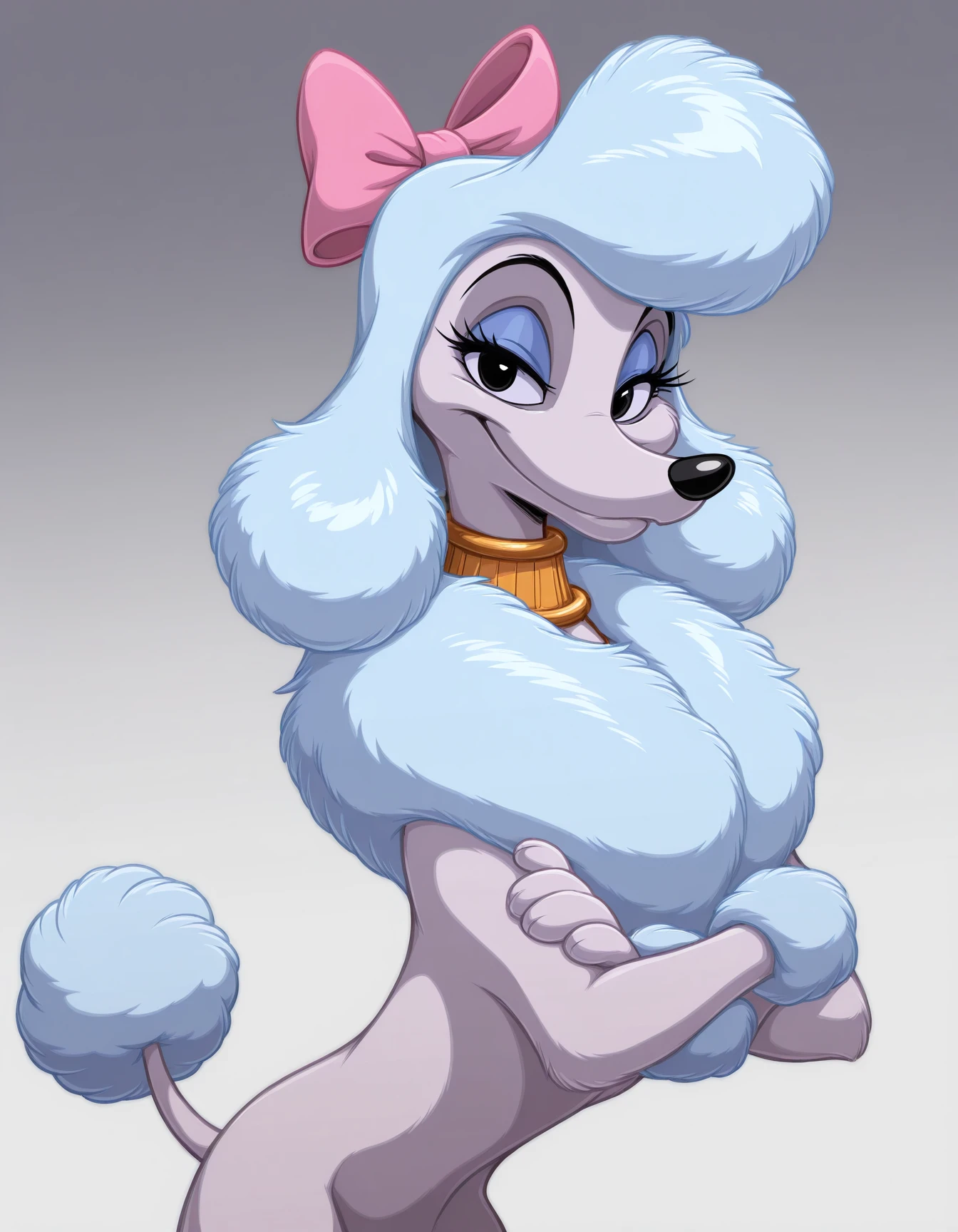 masterpiece, best quality, amazing quality, very aesthetic, high resolution, feral
Ge0rgette, disney, poodle, light blue fluffy fur, blue mascara, gold collar, tail, pink bow on its head, black nose, gradient background, crossed arms, looking at viewer, smile, standing, closed mouth, portrait
<lora:Ge0rgette_il:0.9>